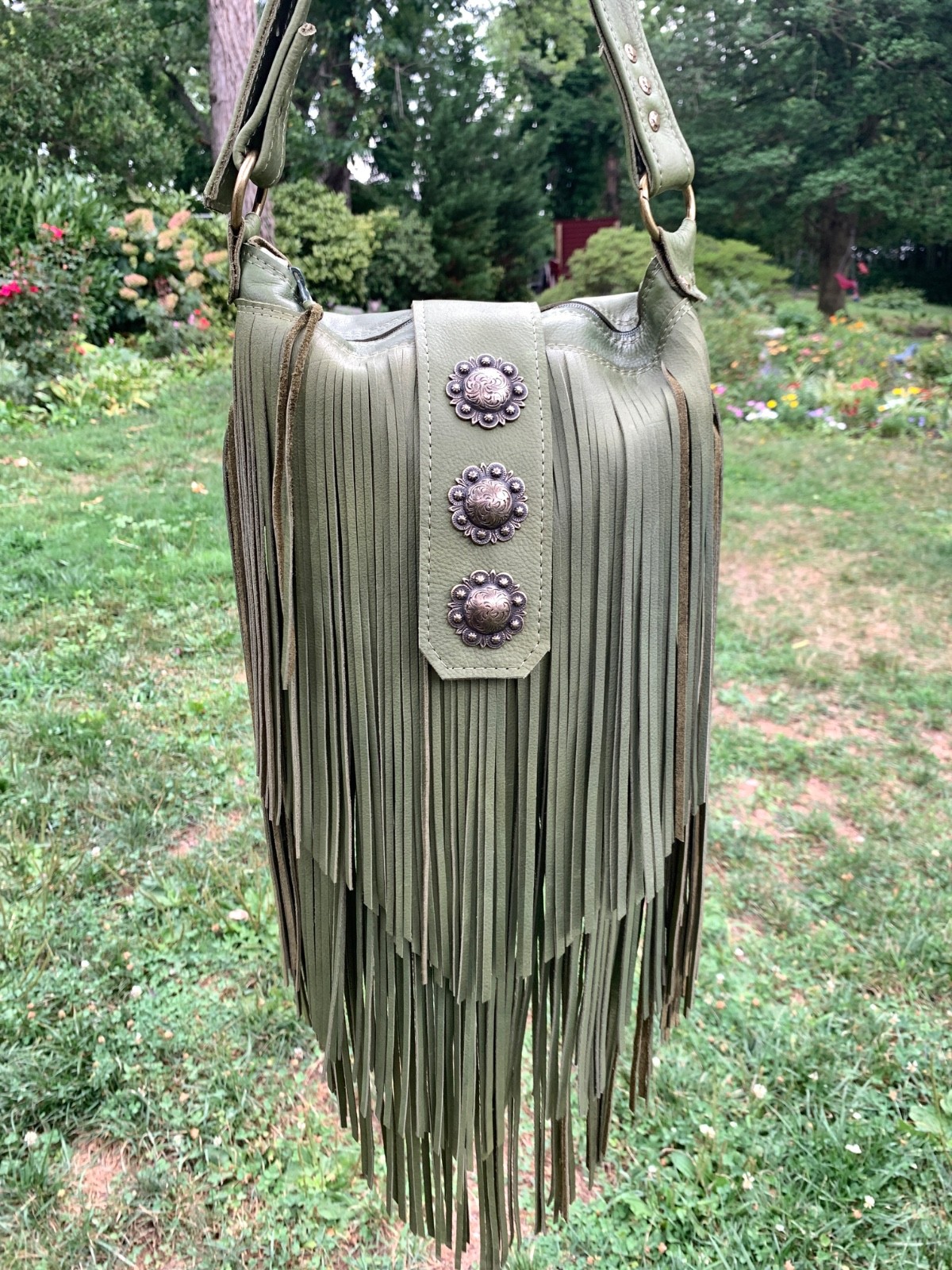 Green leather boho Southwest festival LONG fringe crossbody bag