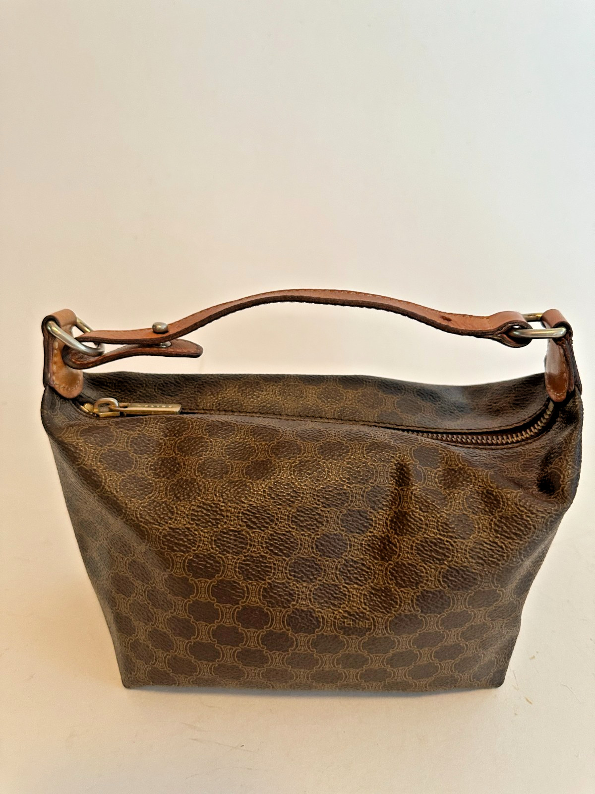Celine Italy CE00 32 Leather Bag in Dark Brown Logo Small Adjust Strap Rare Zip