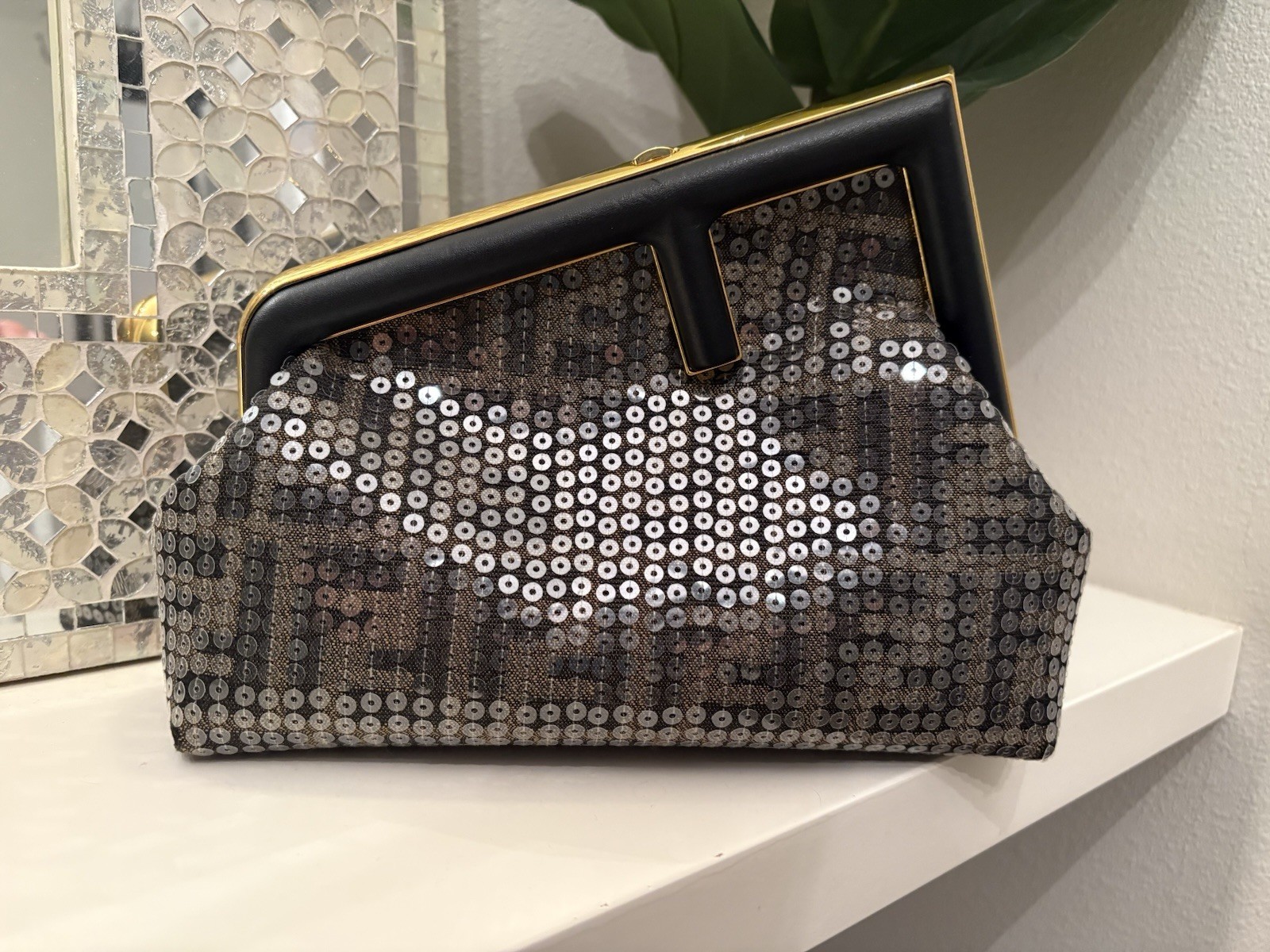 Fendi First Zucca Black/Gray Zucca Sequin Small Clutch/Crossbody Bag