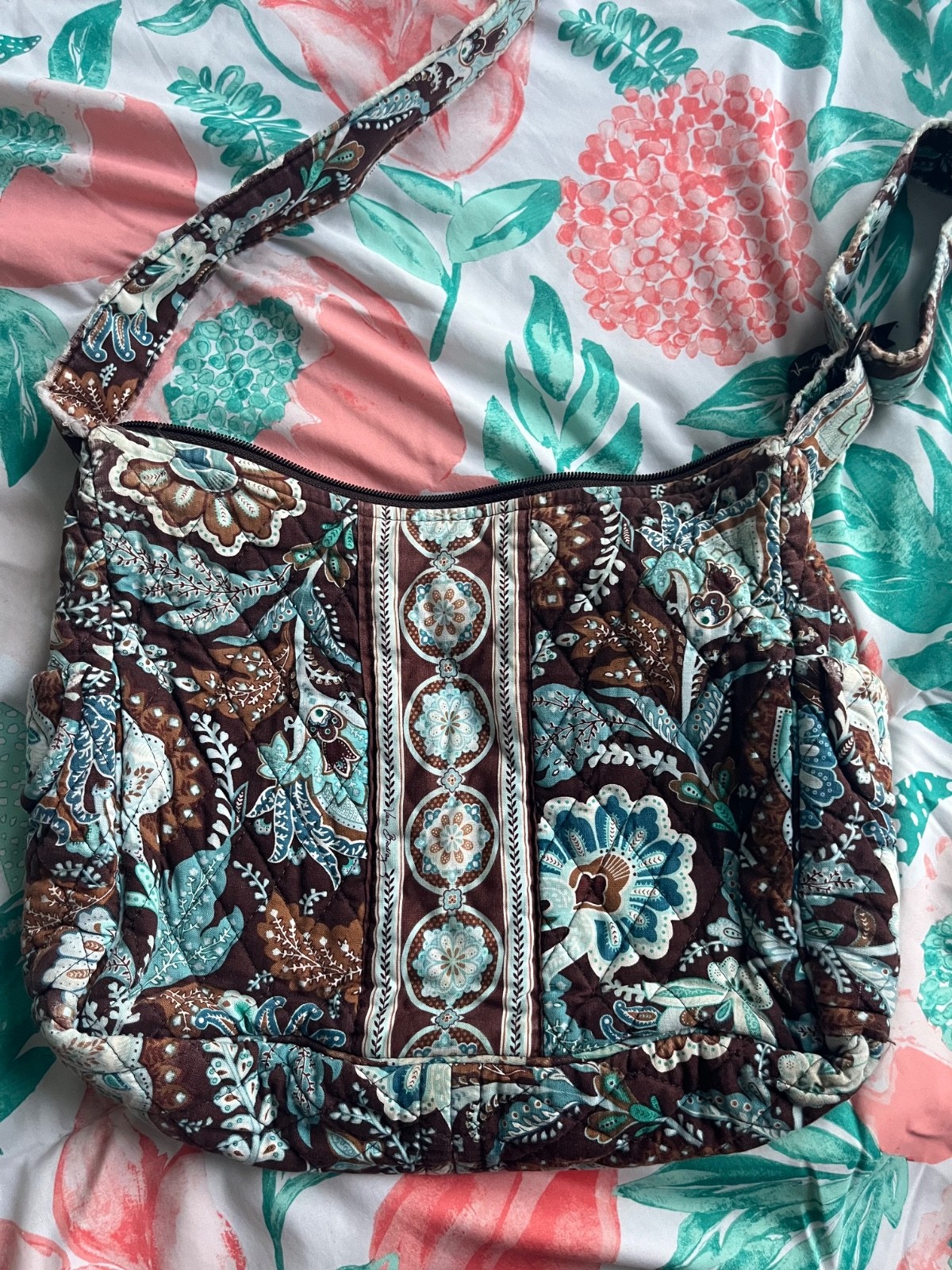 Vera Bradley Java Blue Brown On the Go Shoulder Bag / Crossbody Purse