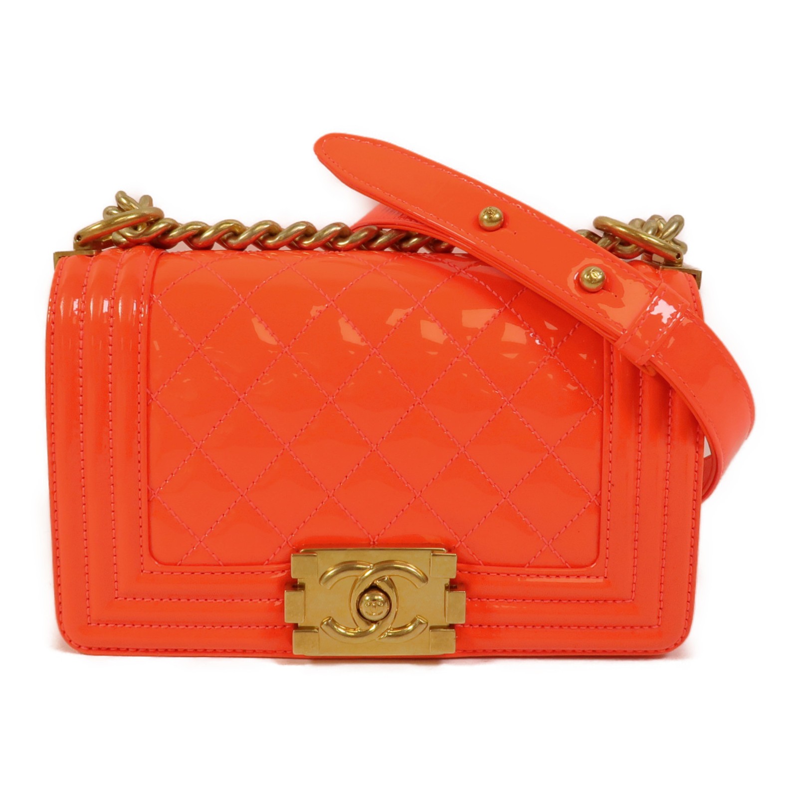 CHANEL CC GHW Boy 20 Chain Shoulder Bag A67085 Patent Leather Orange