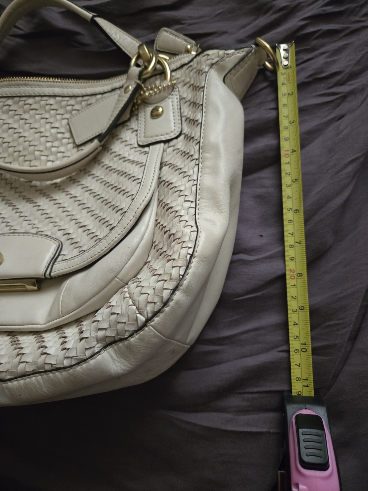 Coach Madison Woven Leather Shoulder Bag Cream White Gold Hardware