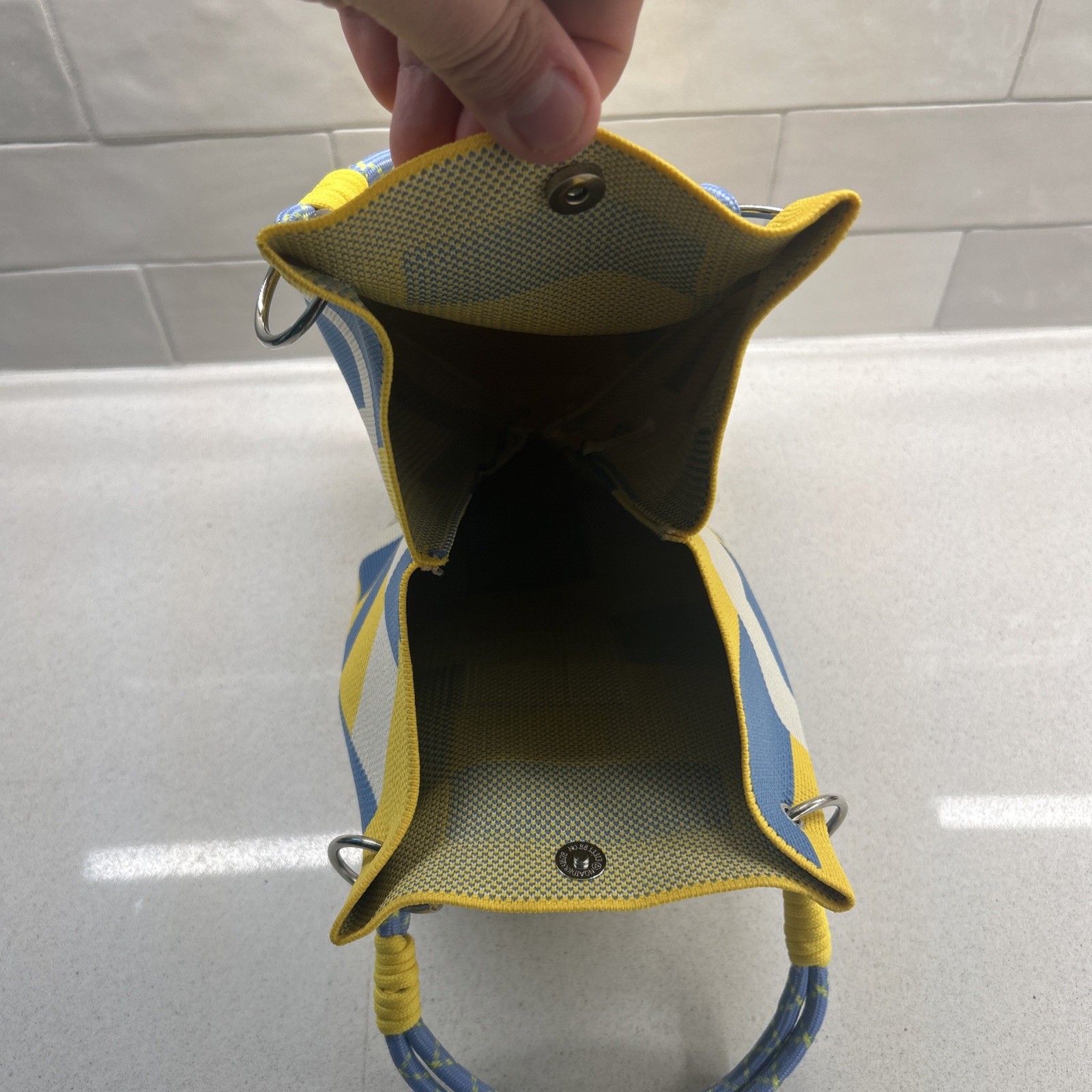 NEW Structured Knit Colorblock Bucket Bag Tote Rope Handle Yellow Blue White