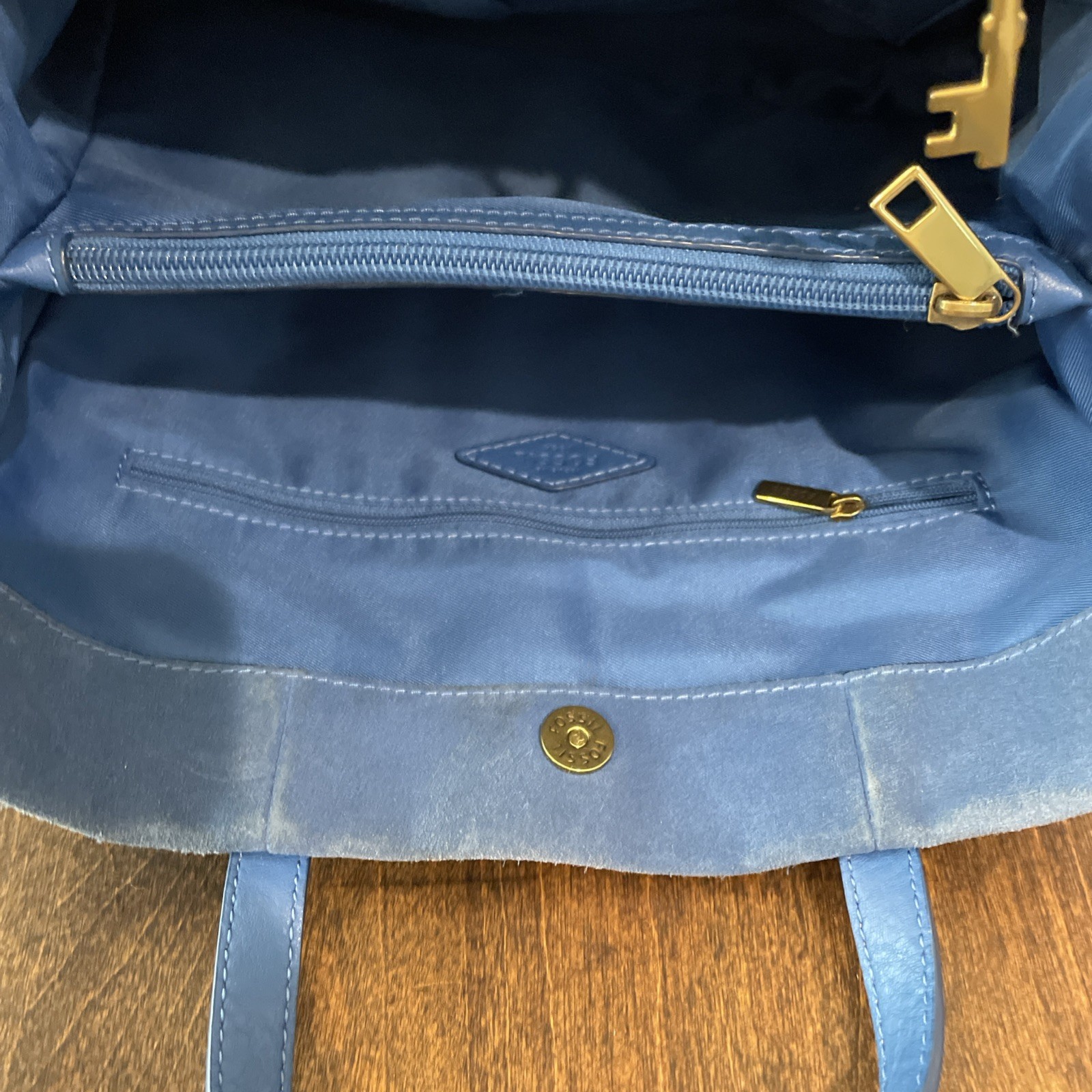 Fossil Carmen Shopper Blue Suede Leather Tote Bag
