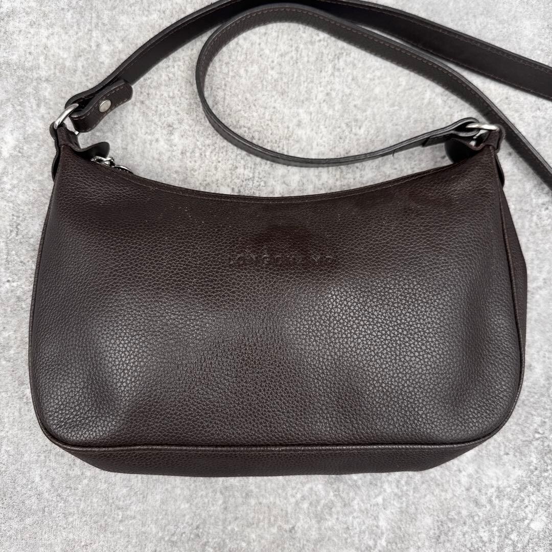 Longchamp Dark Brown Leather Crossbody Bag Pebbled Vintage Y2K Horse Logo 26cm