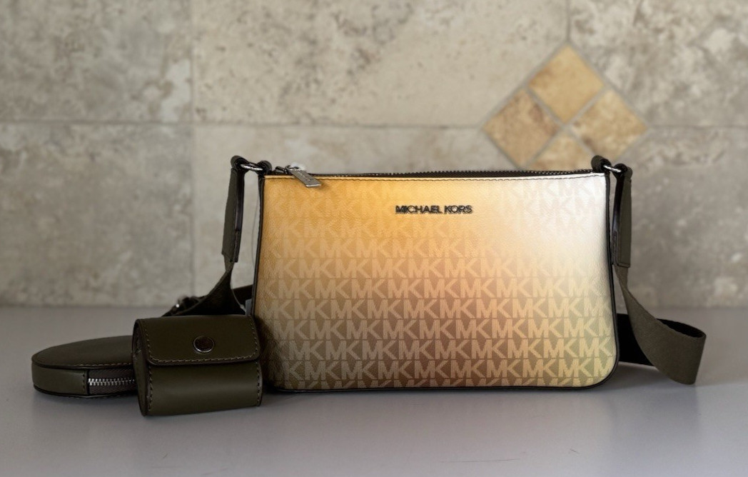 Michael Kors Jet Set Travel S Crossbody Bag Tech Attacked MK Ombre Olive Multi
