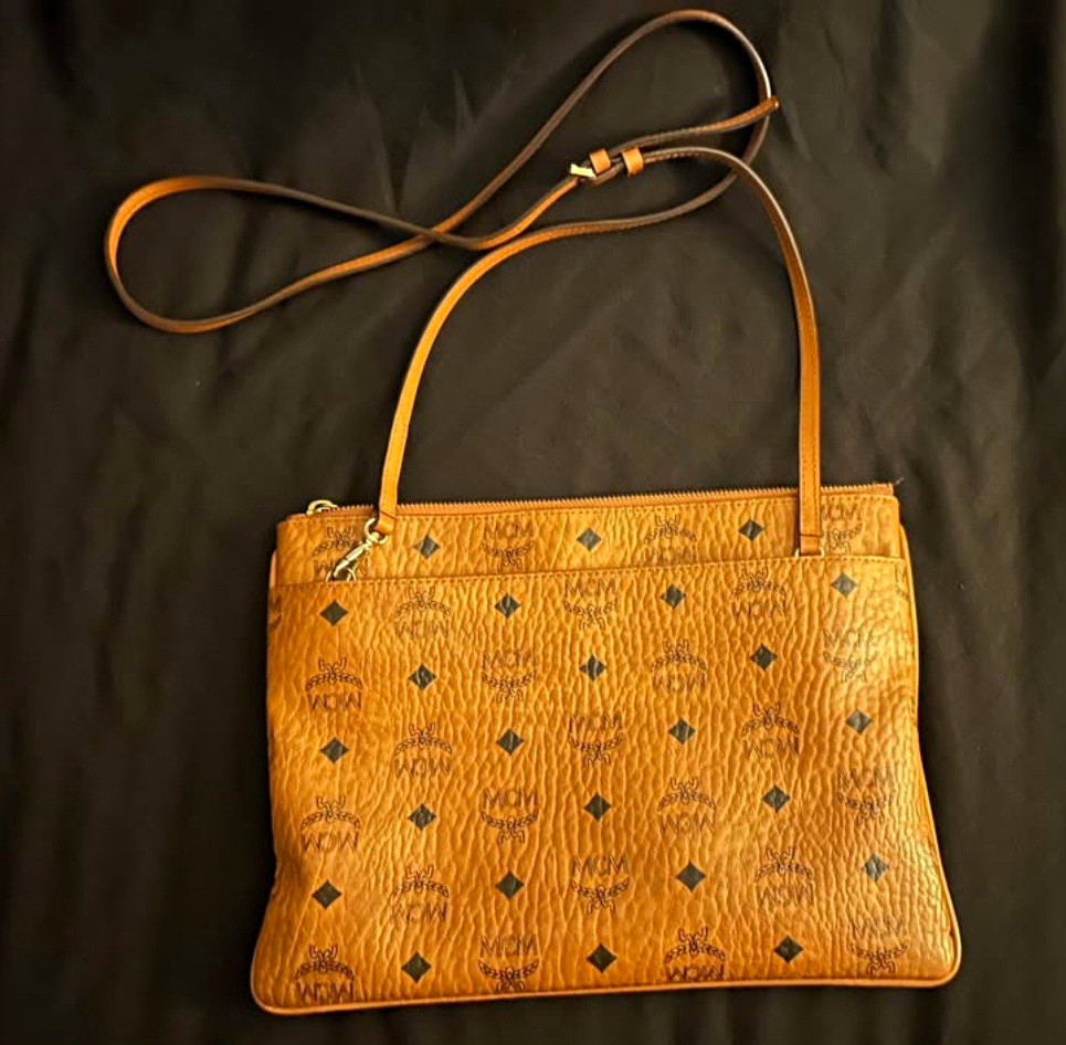 MCM Visetos Monogram Cognac Zip Crossbody Pouch w/ Adjustable Detachable Strap