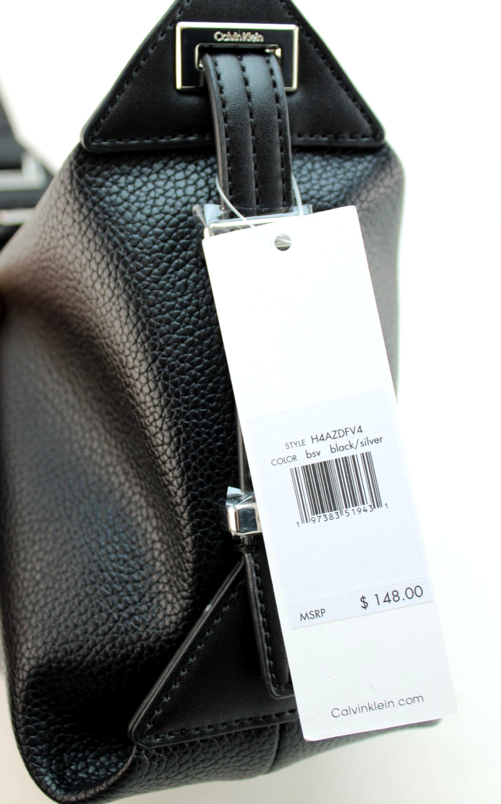 CALVIN KLEIN Black Pebbled Leather Silver Logo Hobo Shoulder Handbag MSRP $148