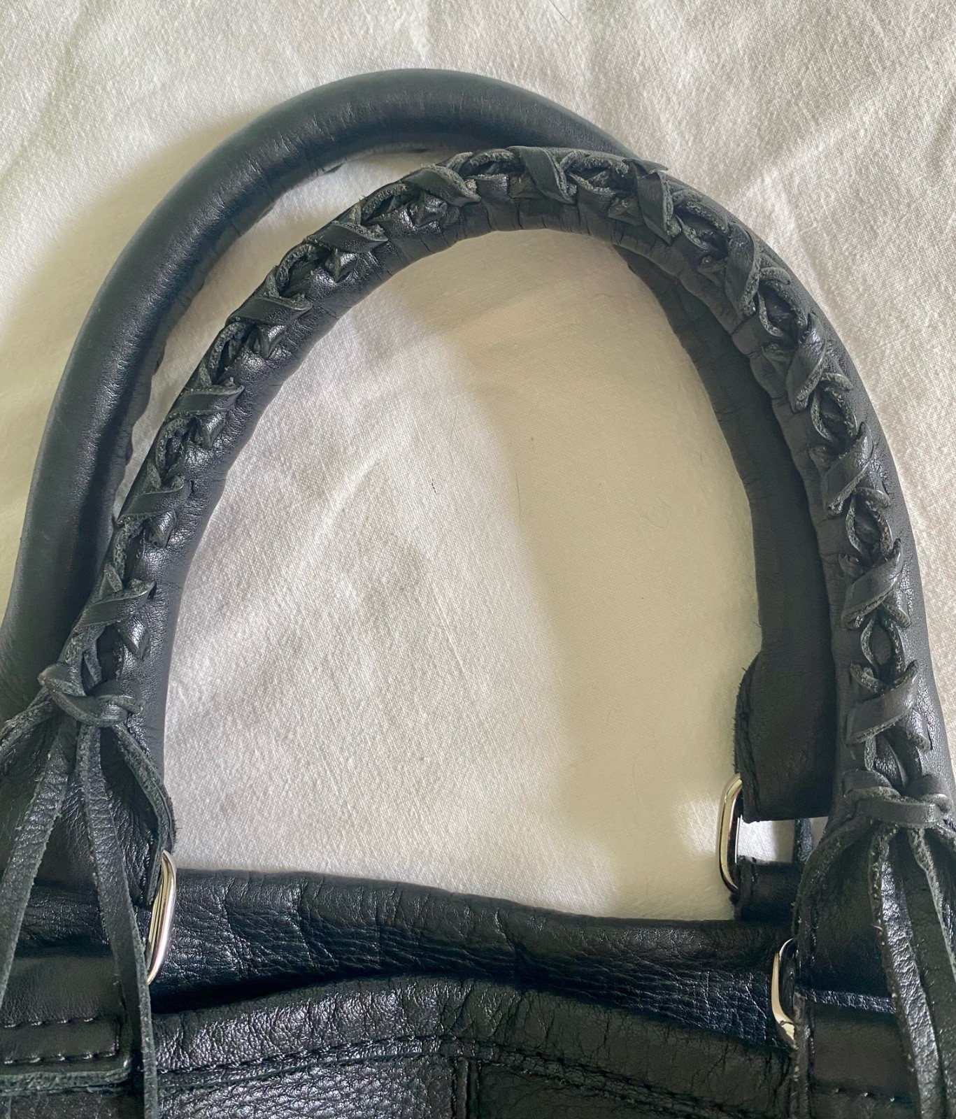 Linea Pelle Slouchy Black Pebbled Leather Handbag Double Zip w/ Fringe Boho
