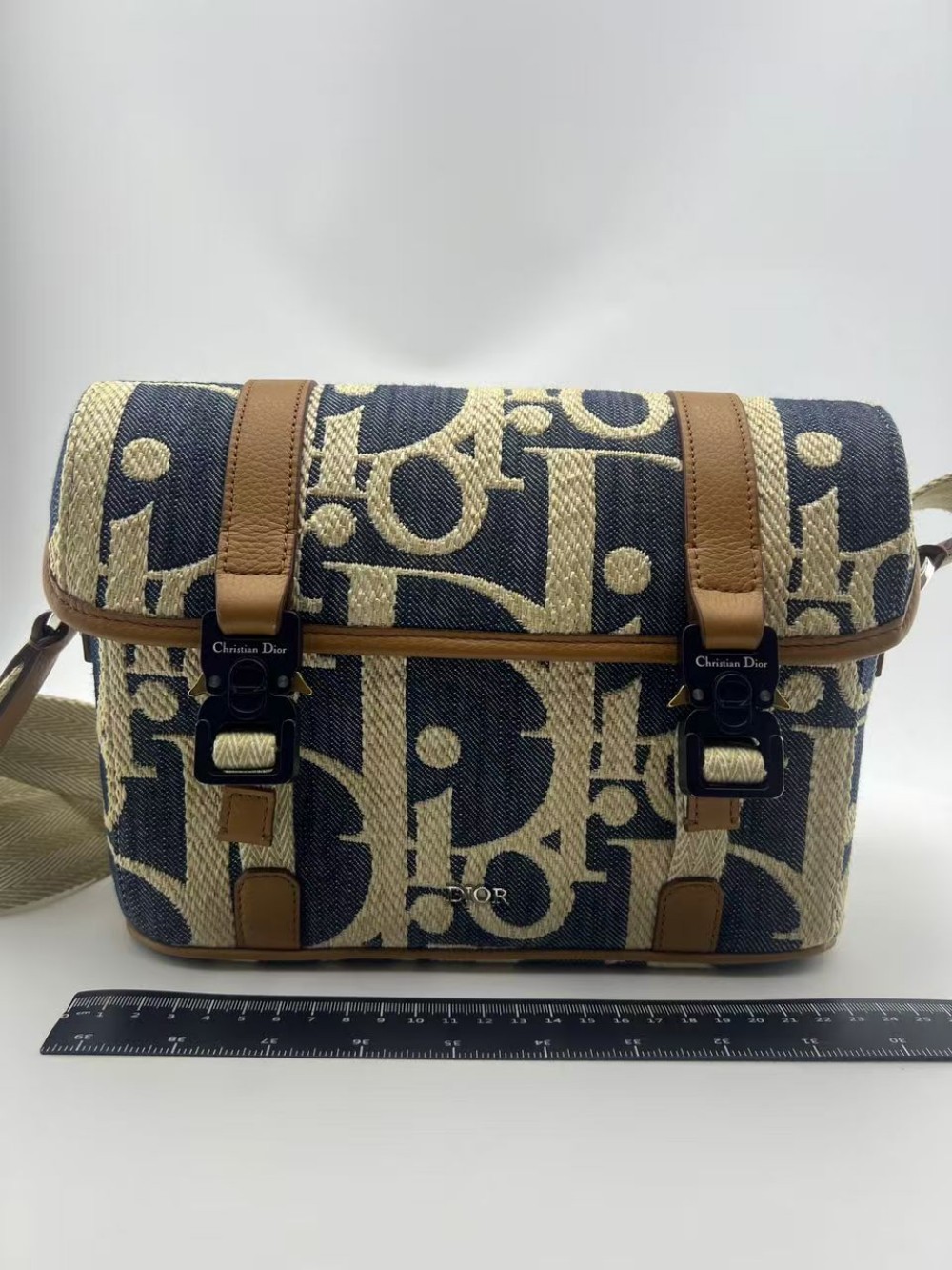 Dior Oblique Jacquard Fabric Leather Messenger Bag Beige