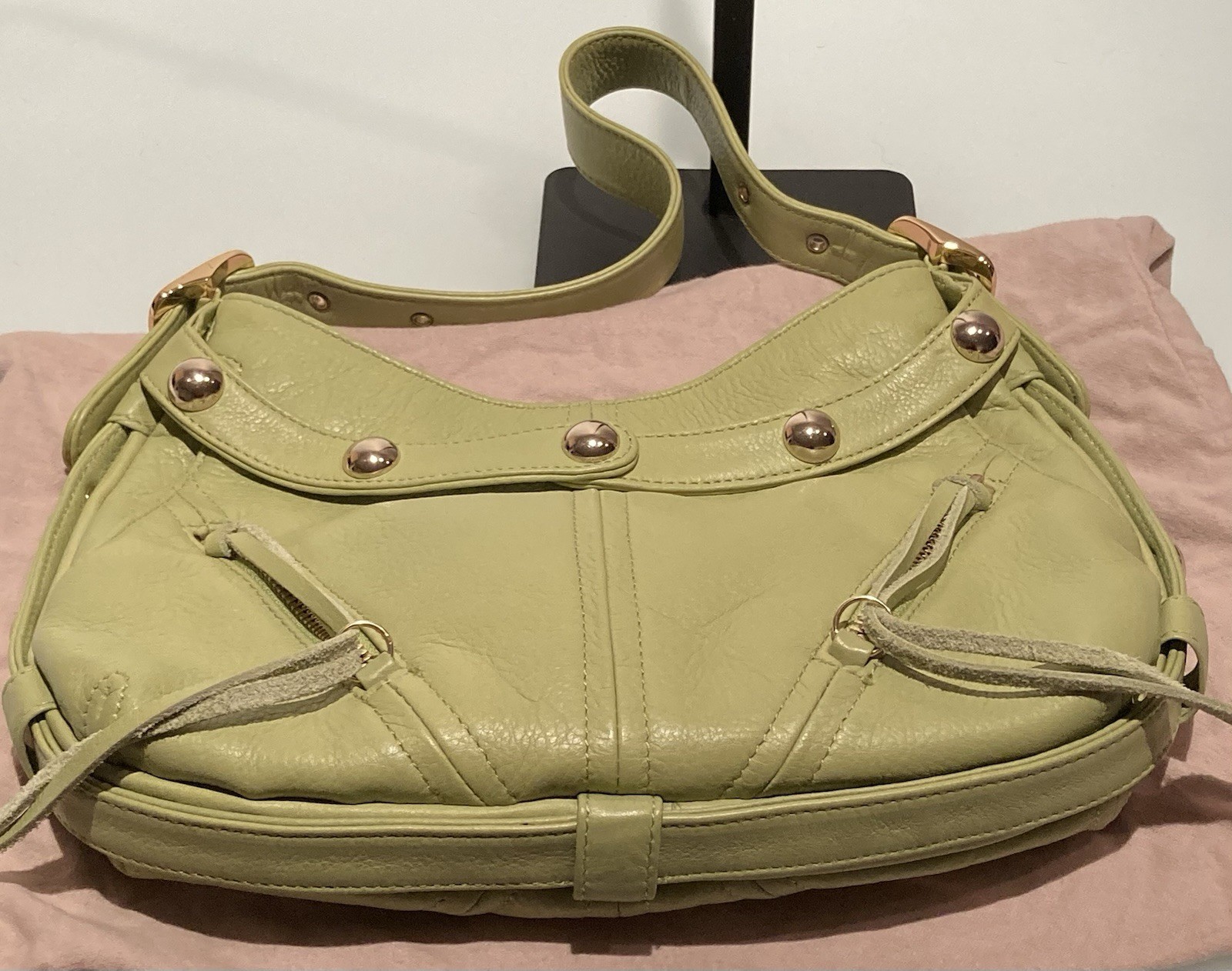 BOTKIER VINTAGE RARE TRIGGER SMALL FRINGE HOBO SATCHEL IN PISTACHIO PEBBLE LTHR!