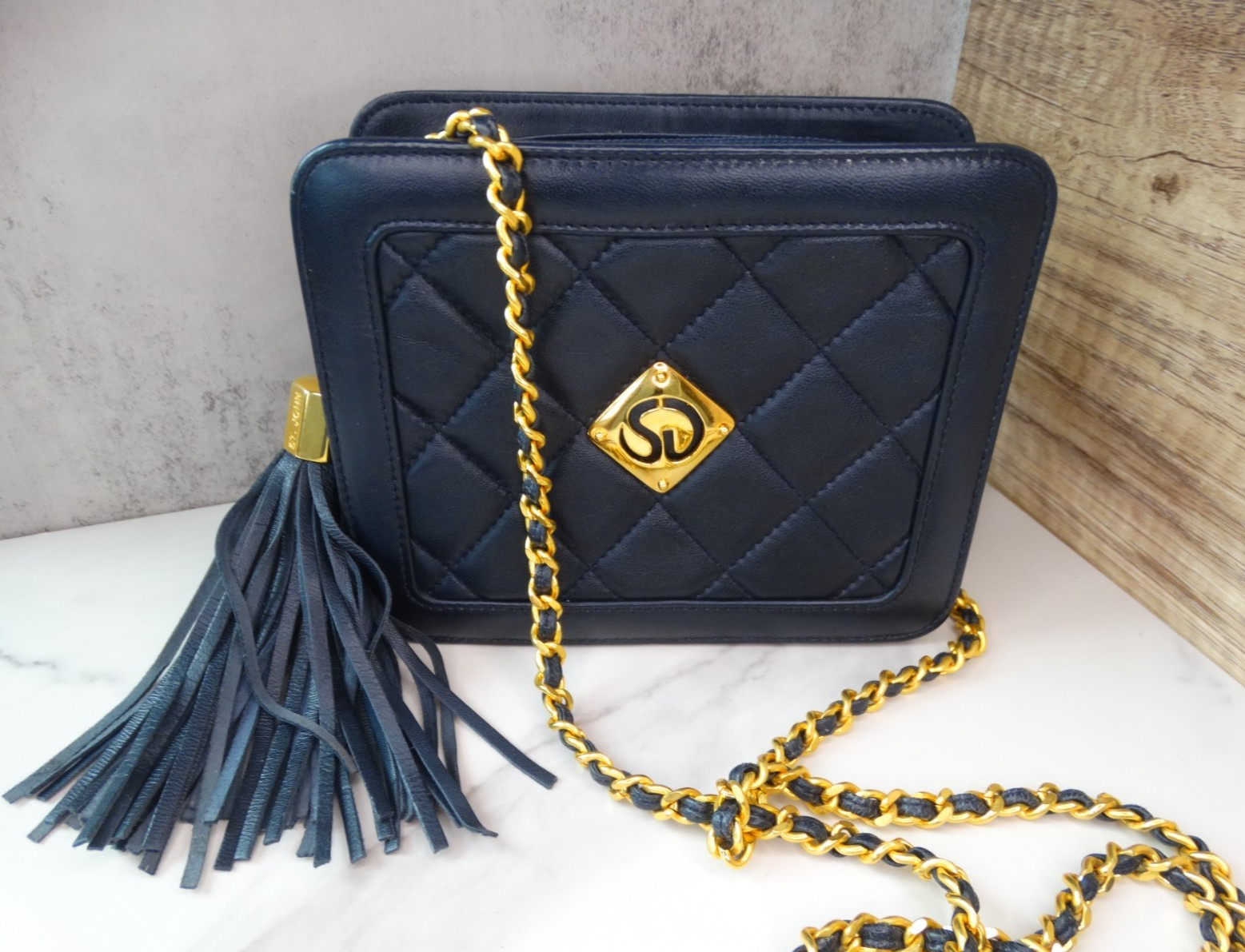 Vintage ST JOHN Italy Blur Quilted Leather Gold LOGO Chain Strap MINI Bag XS 90S