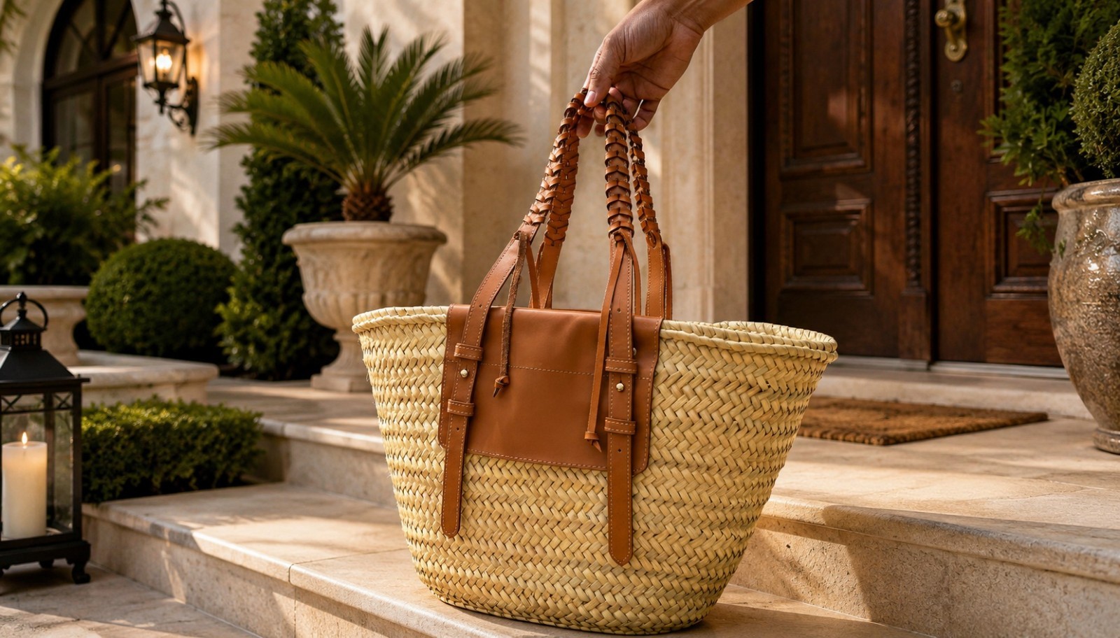 Handmade Moroccan Straw Tote Bag Braided Leather Handles, Zipper Pocket, Summer