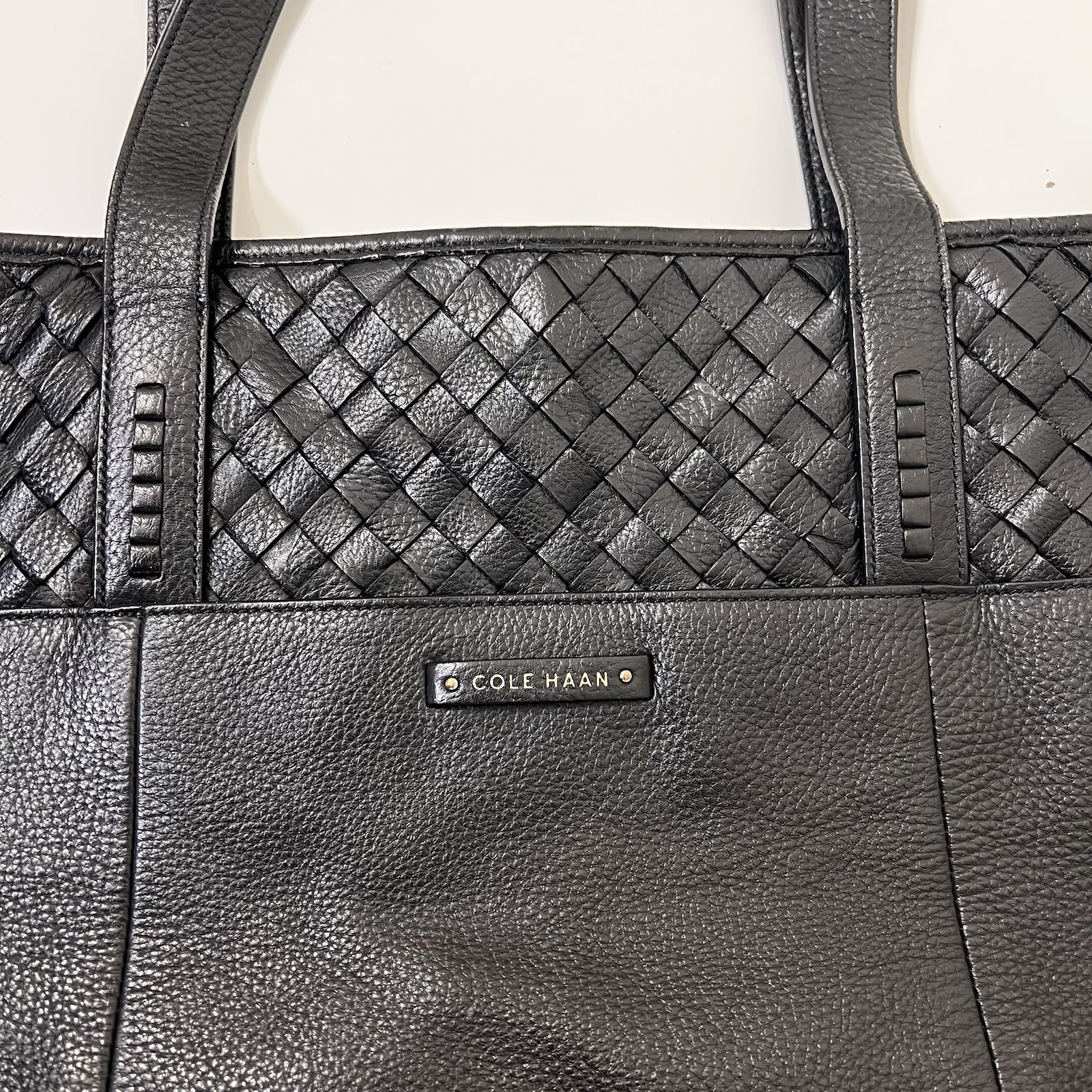 Cole Haan Sam Weave Top Genuine Leather Large Lined Tote Bag Black