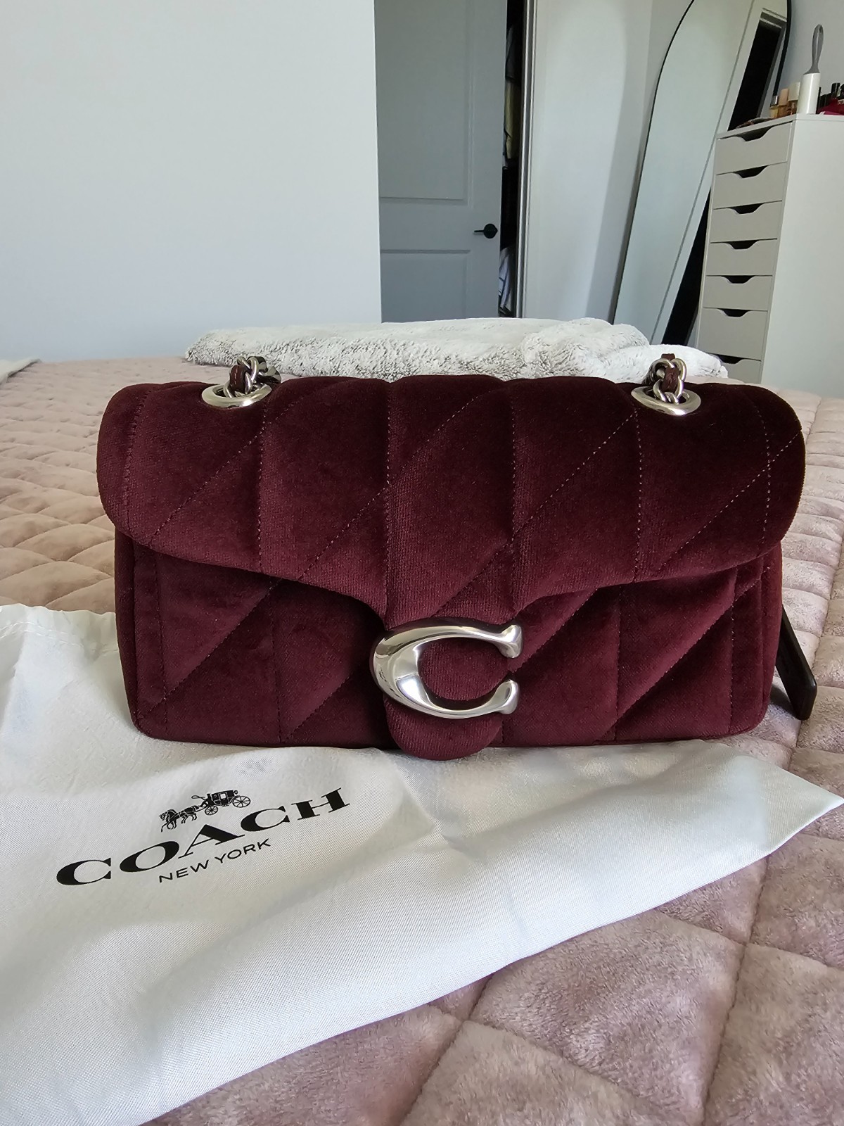 Coach Dark Burgundy Velvet Quilted Tabby 20