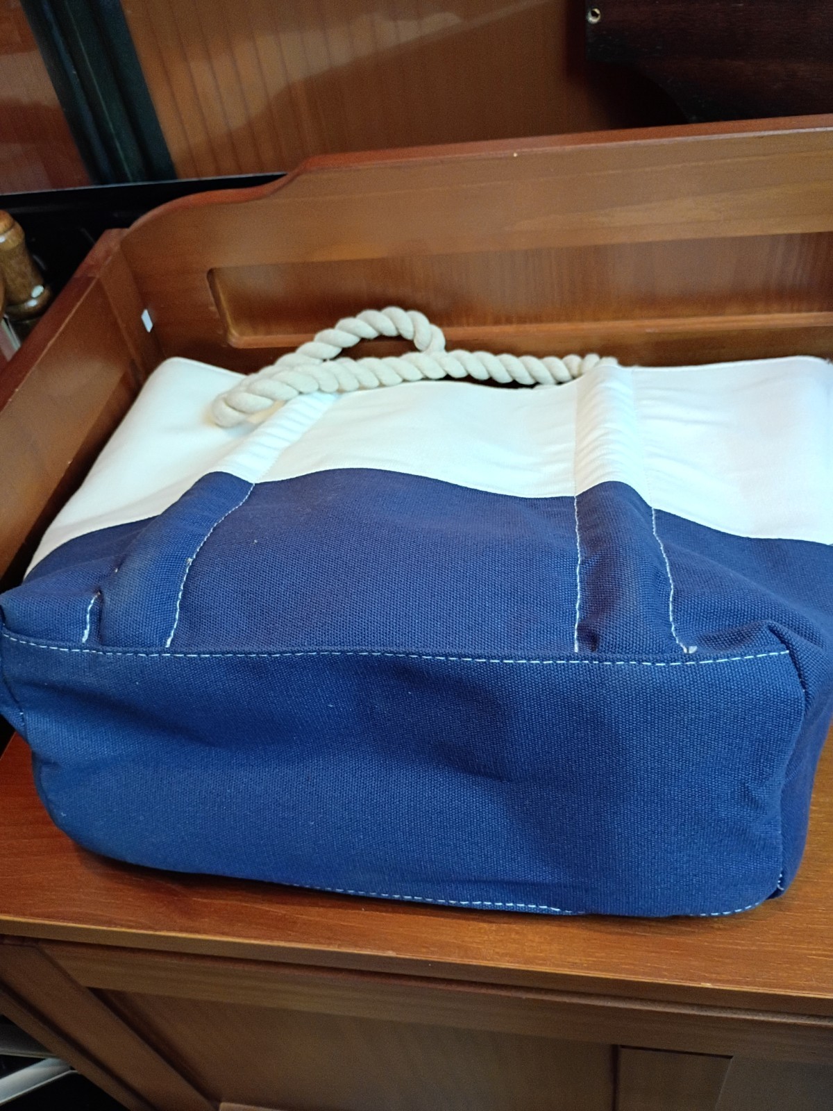 NEIMAN MARCUS Beach Bag Shopper Canvas Tote Blue white