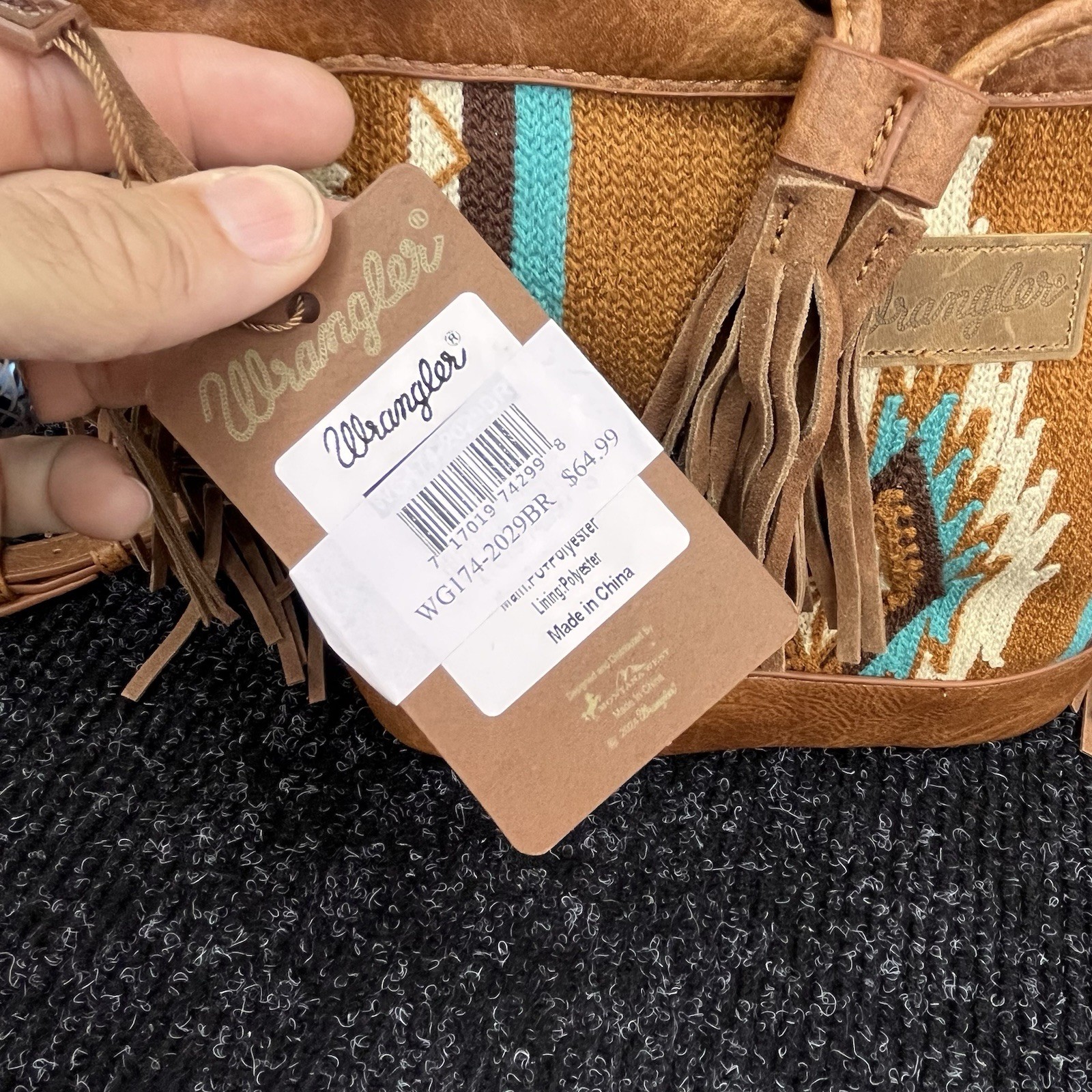 Wrangler New Western Aztec shoulder Purse WG174-2029BR Fringe Trim