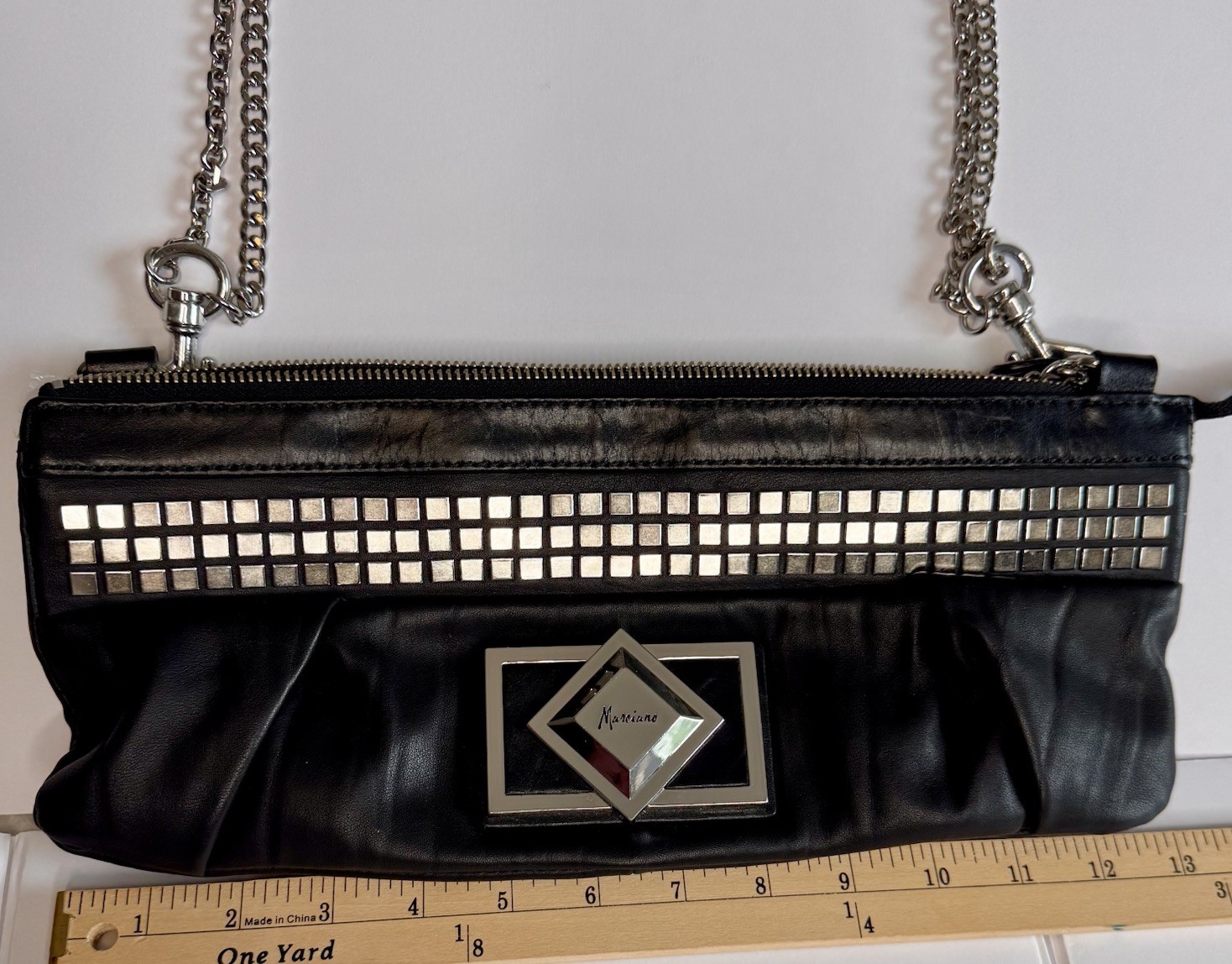 Marciano Black Genuine Leather Clutch Bag/Purse Double Chain Goth Biker Vixen