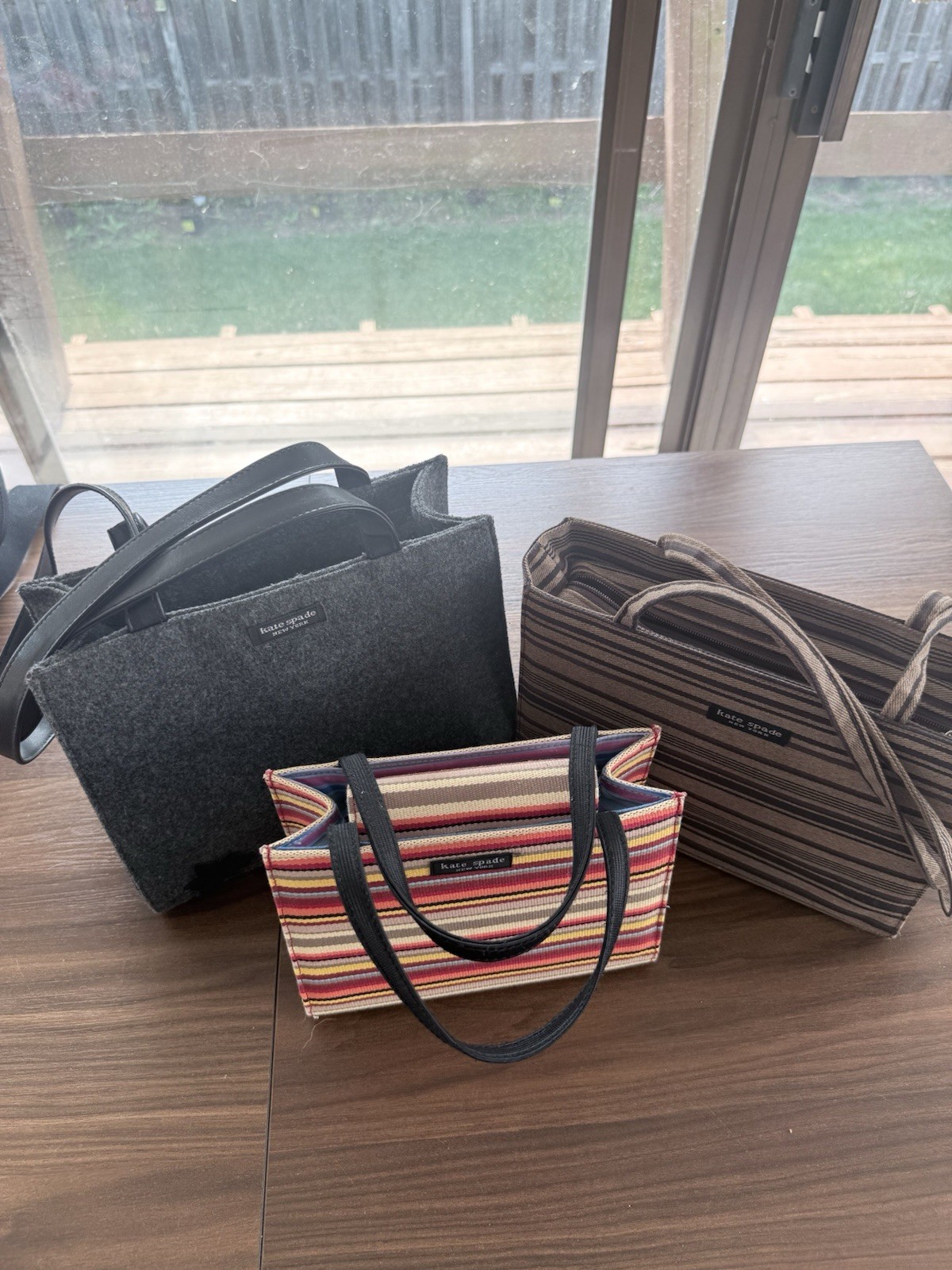 kate spade new york set of 3 Striped Tote/Grey Wool Zip/Multi Stripe/Khaki St.