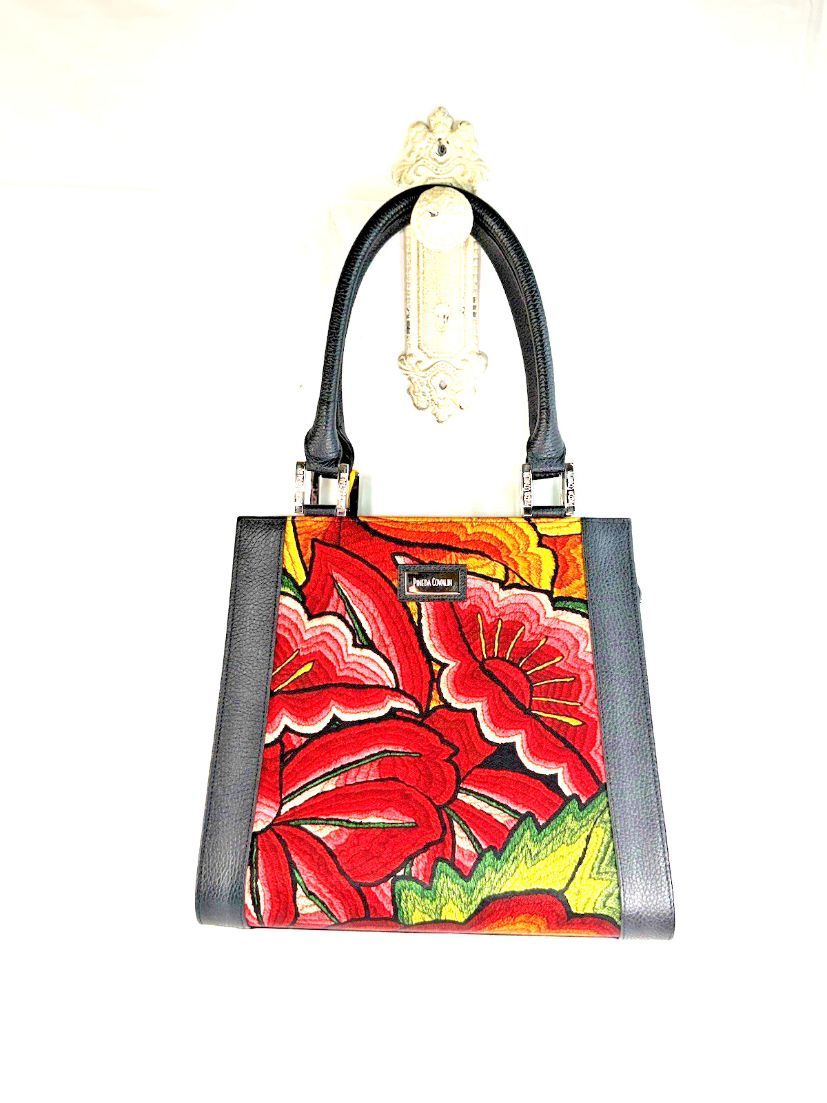 Pineda Covalin Leather Hand Bag Yaab Silk Embroidered Purse New