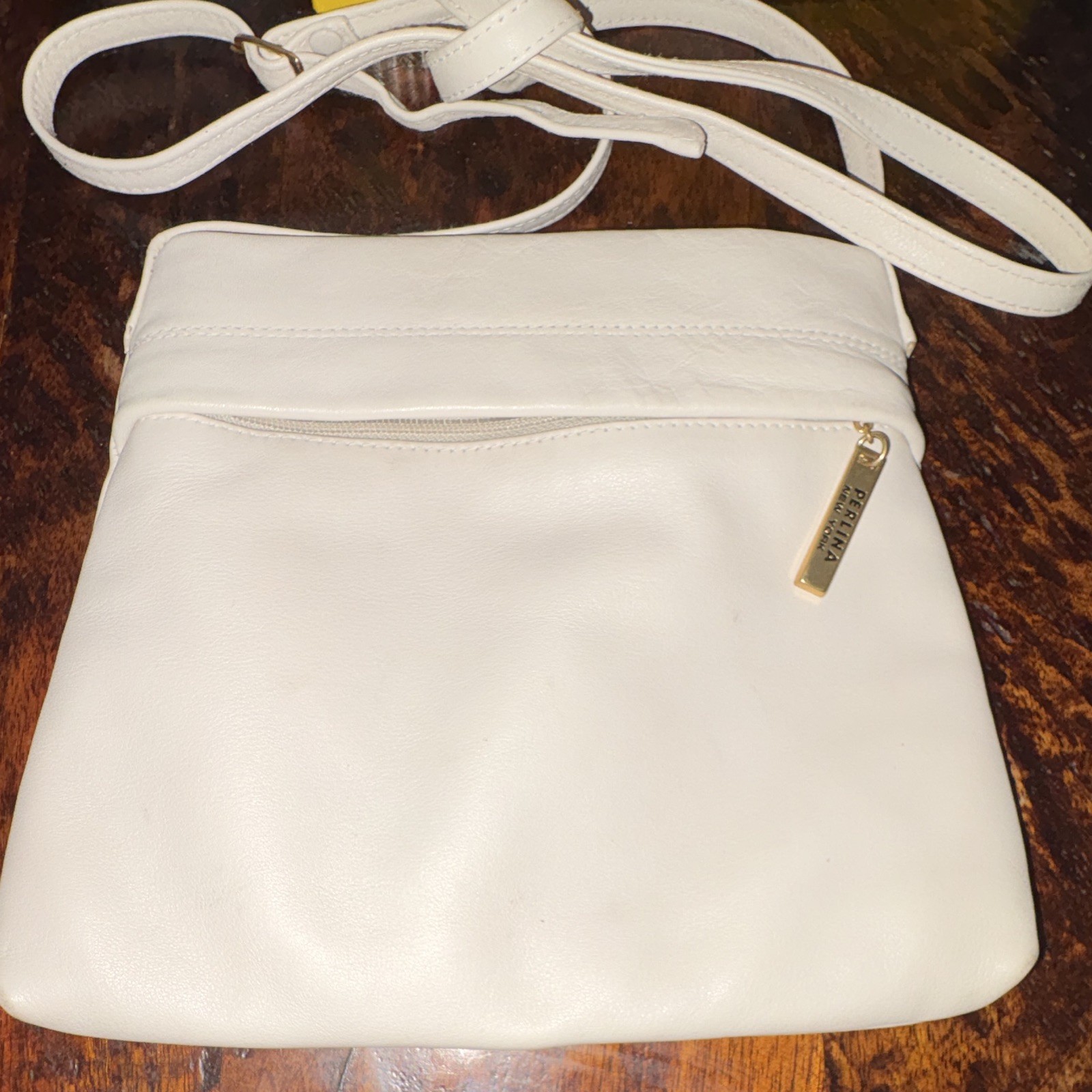 Perlina New York White Crossbody Bag Gold Hardware Zip Closure Made in Korea