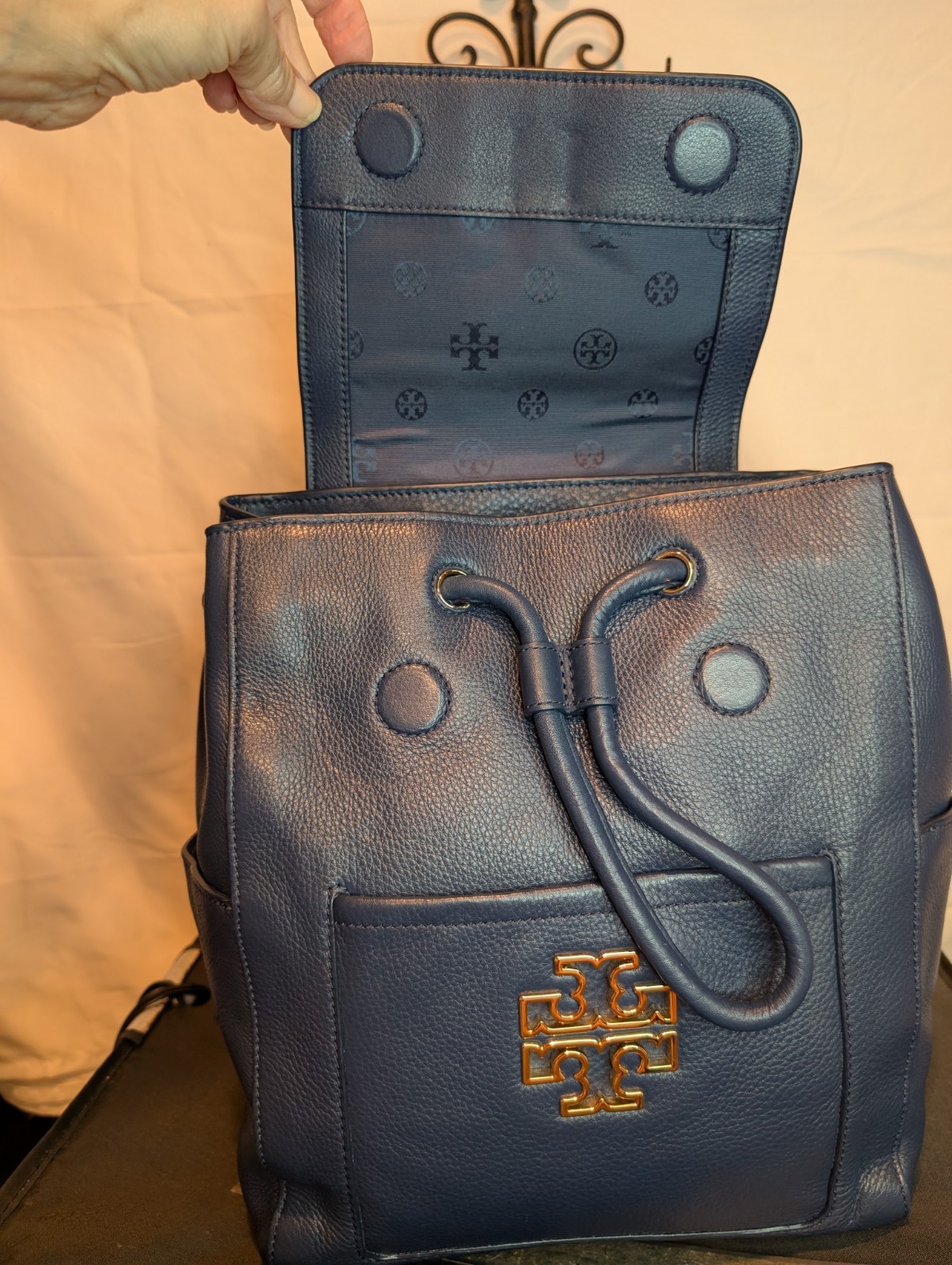 Tory Burch Britten Navy Leather Backpack W/ Gold Tone Logo