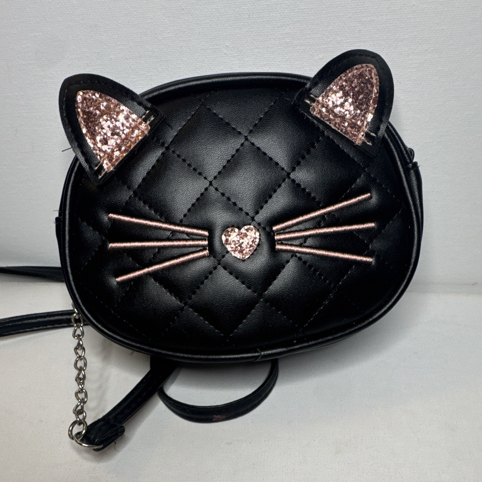 Wonder Nation Black Quilted Cat Face Crossbody Bag Chain Strap Zip Closure