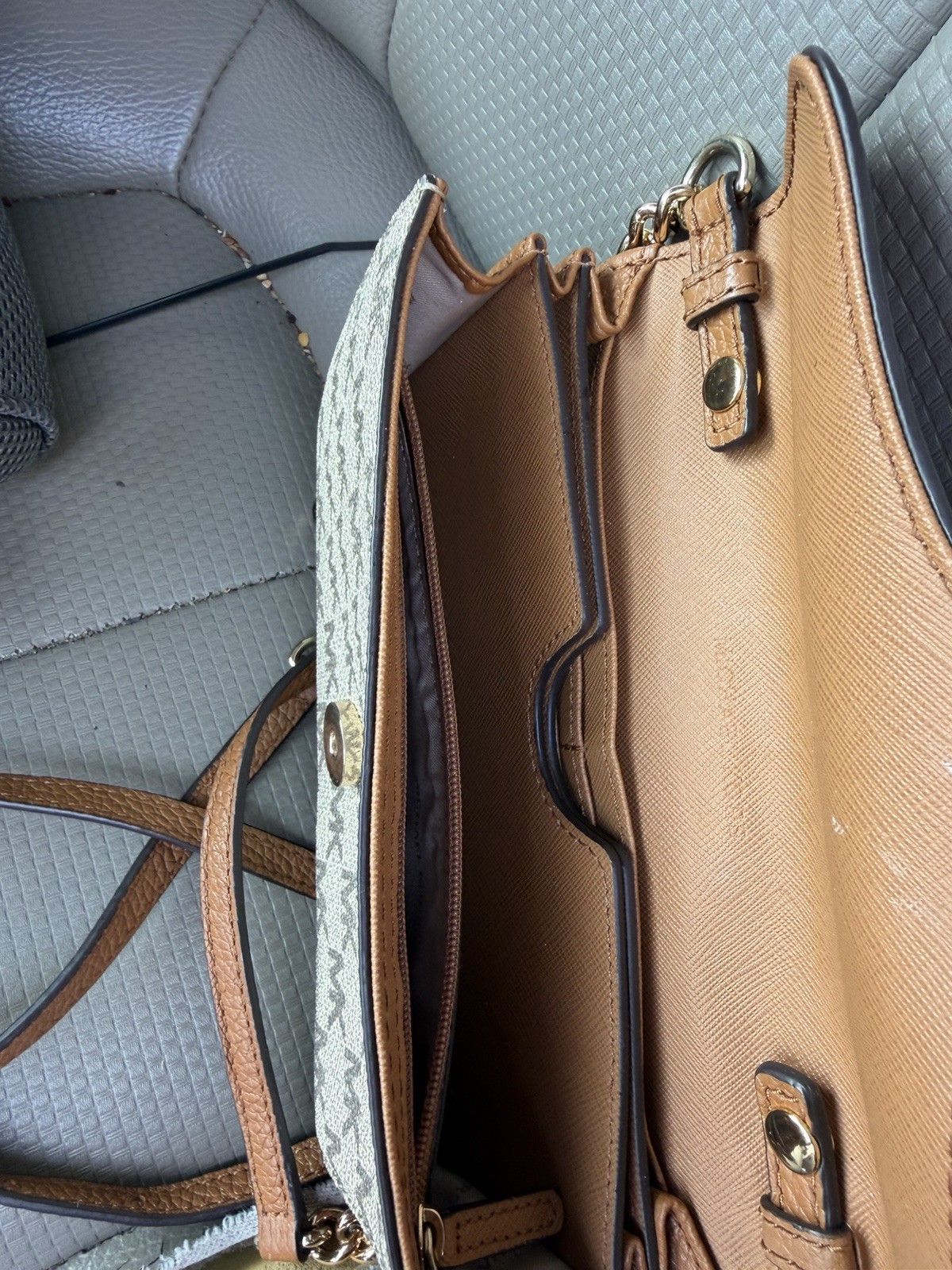 Michael Kors Brown/Beige Logo Small Crossbody Bag, Magnetic Snap, Gold