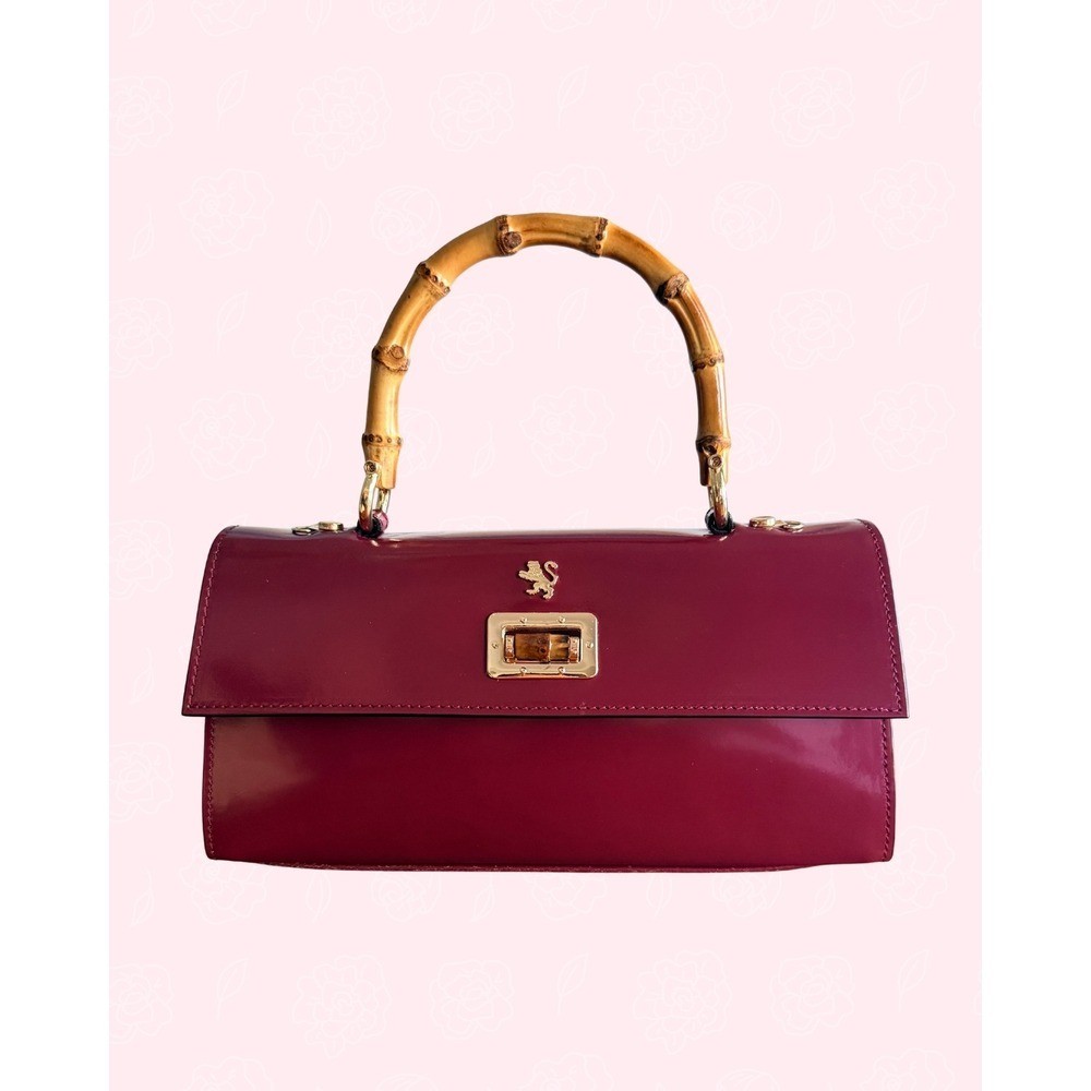 Pratesi Firenze Italian Leather Bamboo Top Handle Castalia Lady Bag Burgundy