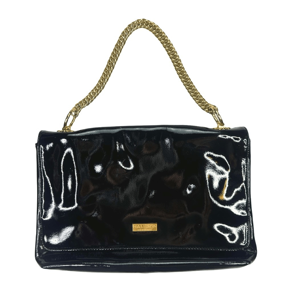 Halston Heritage Carla Black Patent Leather Handbag 8.5” x 12.25” x 1.75” Chain