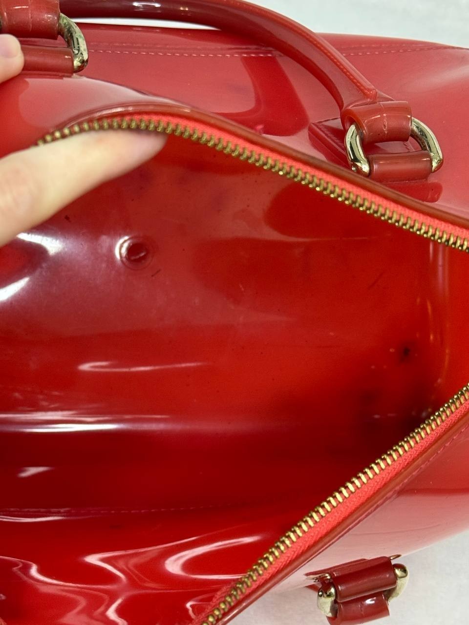 Furla Candy Bag Red Patent PVC Satchel Handbag Lock Zip Tote Purse
