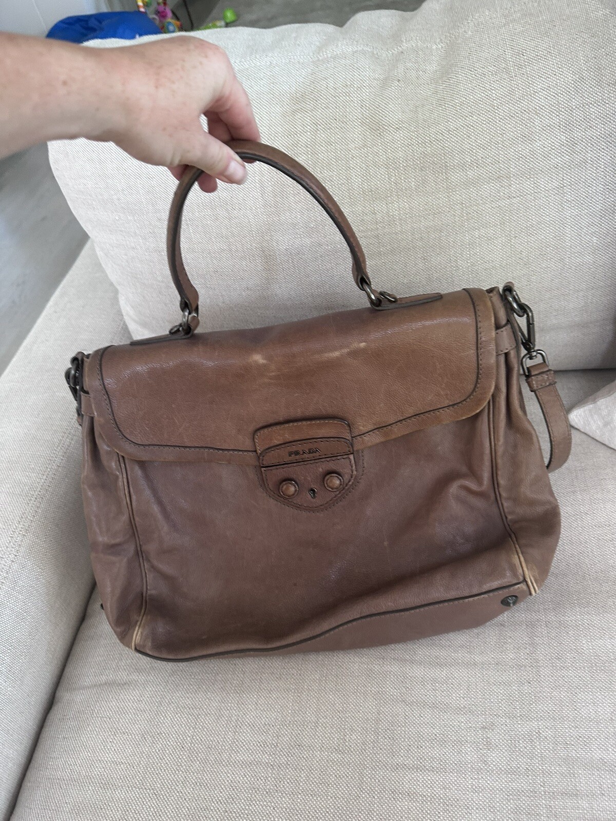 PRADA Brown Leather Crossbody Messenger Bag Laptop Briefcase Career Vintage