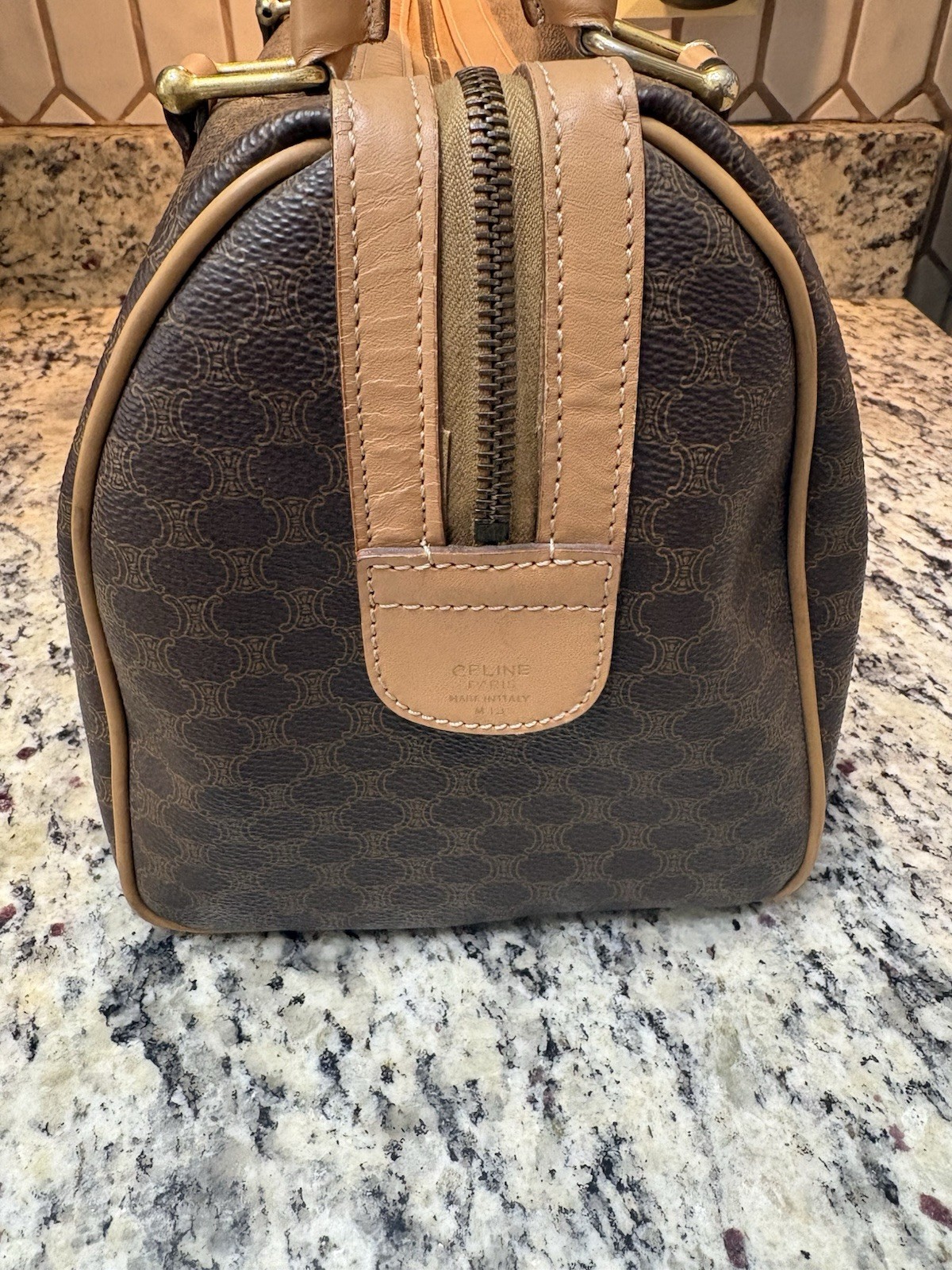 Authentic Vintage Celine Macadam Brown Leather And Coated Canvas Boston Bag