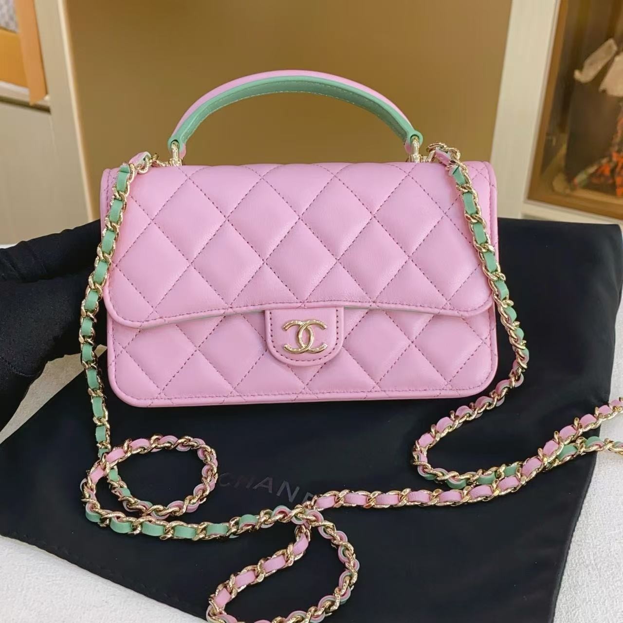 Chanel 23P Mini CF Top Handle Pink & Green Quilted Lambskin with Gold-Tone Auth