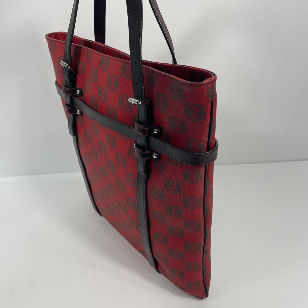 LOEWE Anagram Red PVC Tote Bag Brown Leather Handles MBZ351 Auth