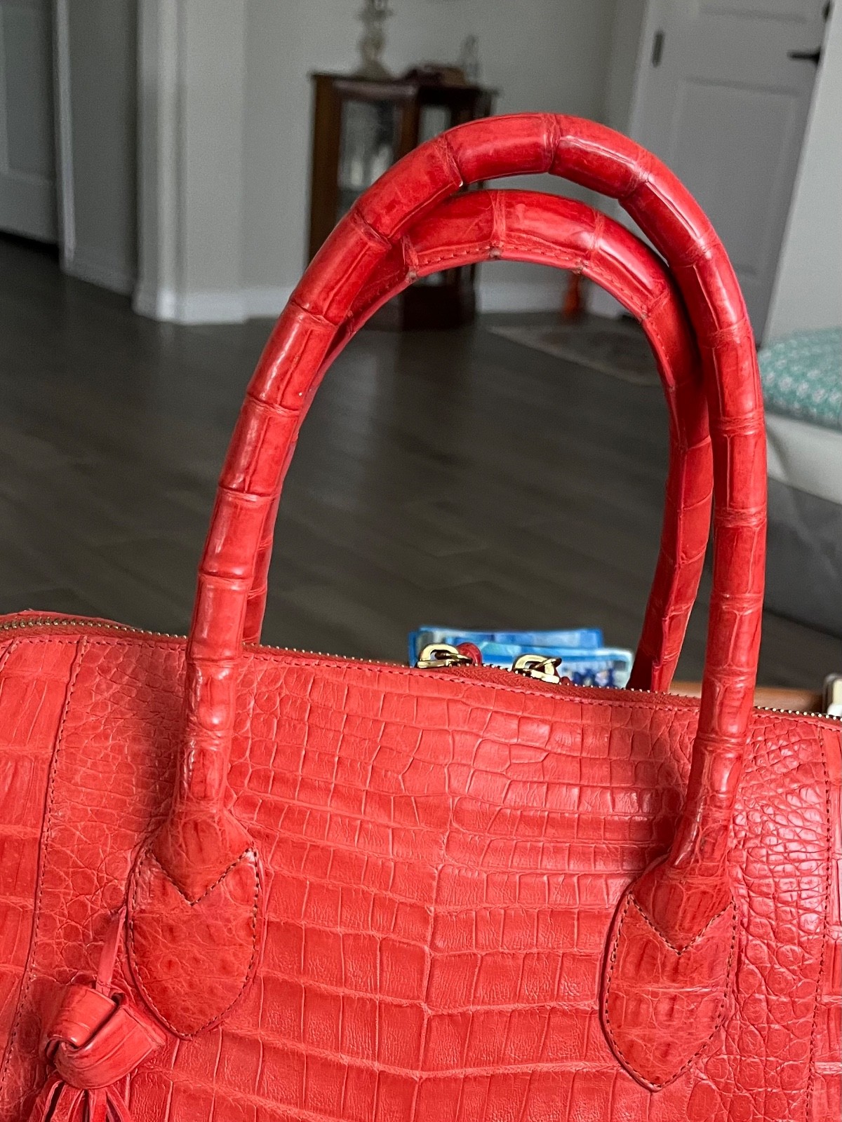 Nancy Gonzalez Crocodile Caiman Leather Medium Dome Double Orange Satchel $3600