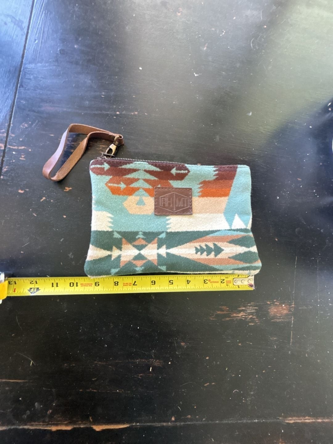 RHMT Wool Southwestern Pattern Zip Wristlet with Leather Strap