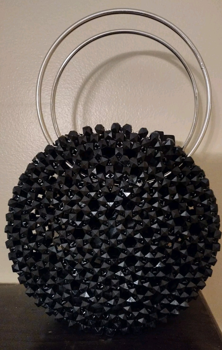 Handmade Beaded Purse Black Round Chunky Metal Handle Removable Pouch Unique New