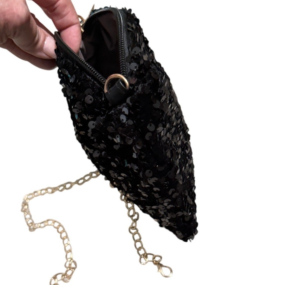 Sequin Black Pouch Clutch Evening Bag Formal Chain Shoulder Party Shiny Purse