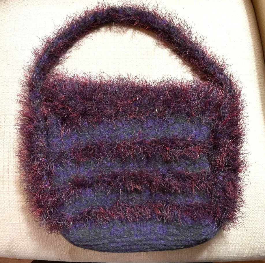 Boiled Wool Felt Knit Handbag w/ Strap 3″W x 11″L x 6″D Purple Burgundy Striped