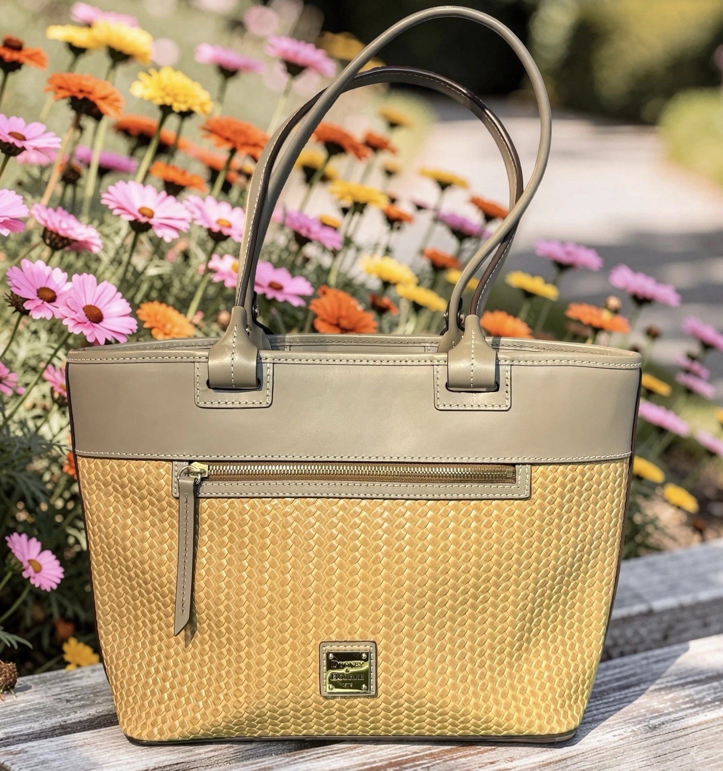 Dooney Bourke Beacon Taupe Gray Brown Woven Embossed Shopper Tote Smooth Leather