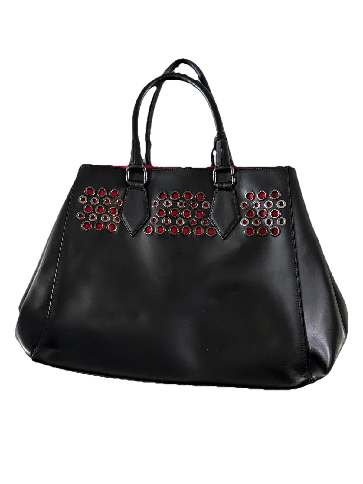 A Bellucci Leather Black/ Red Tote Handbag Double Straps Grommets Rock Chic