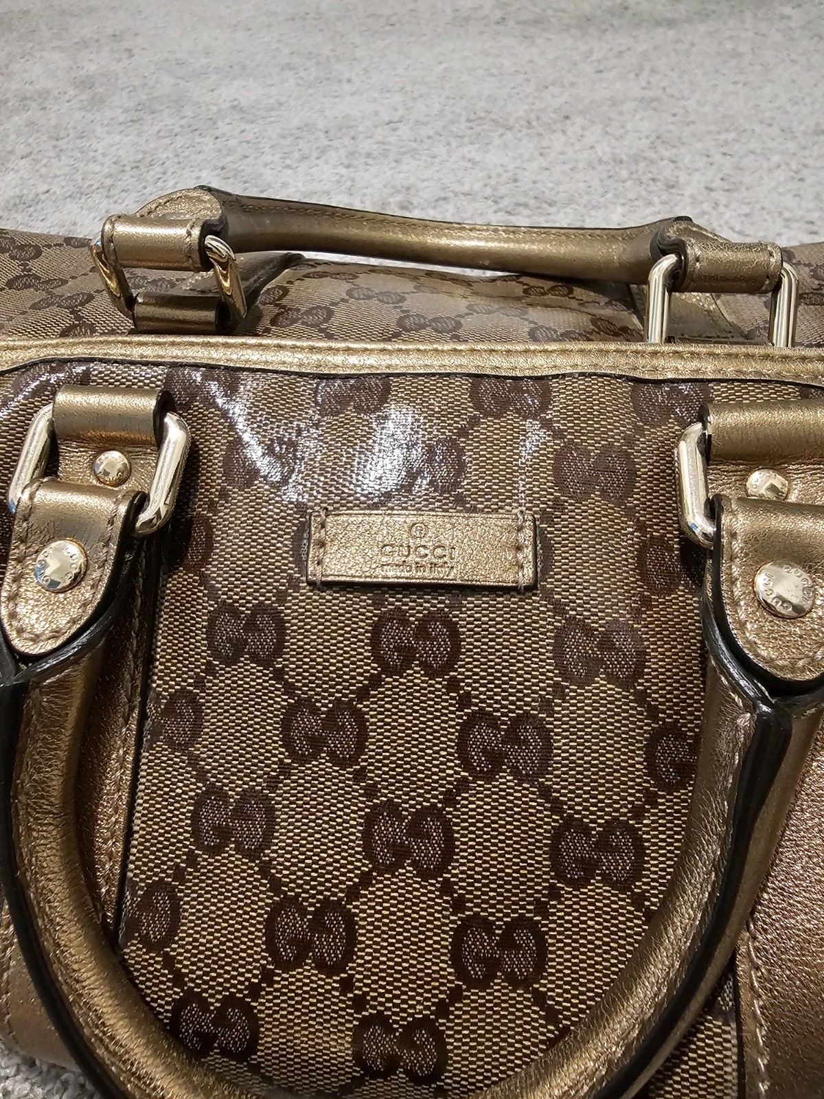 Gucci Joy Boston Monogram Gold Brown Top Handle Bag