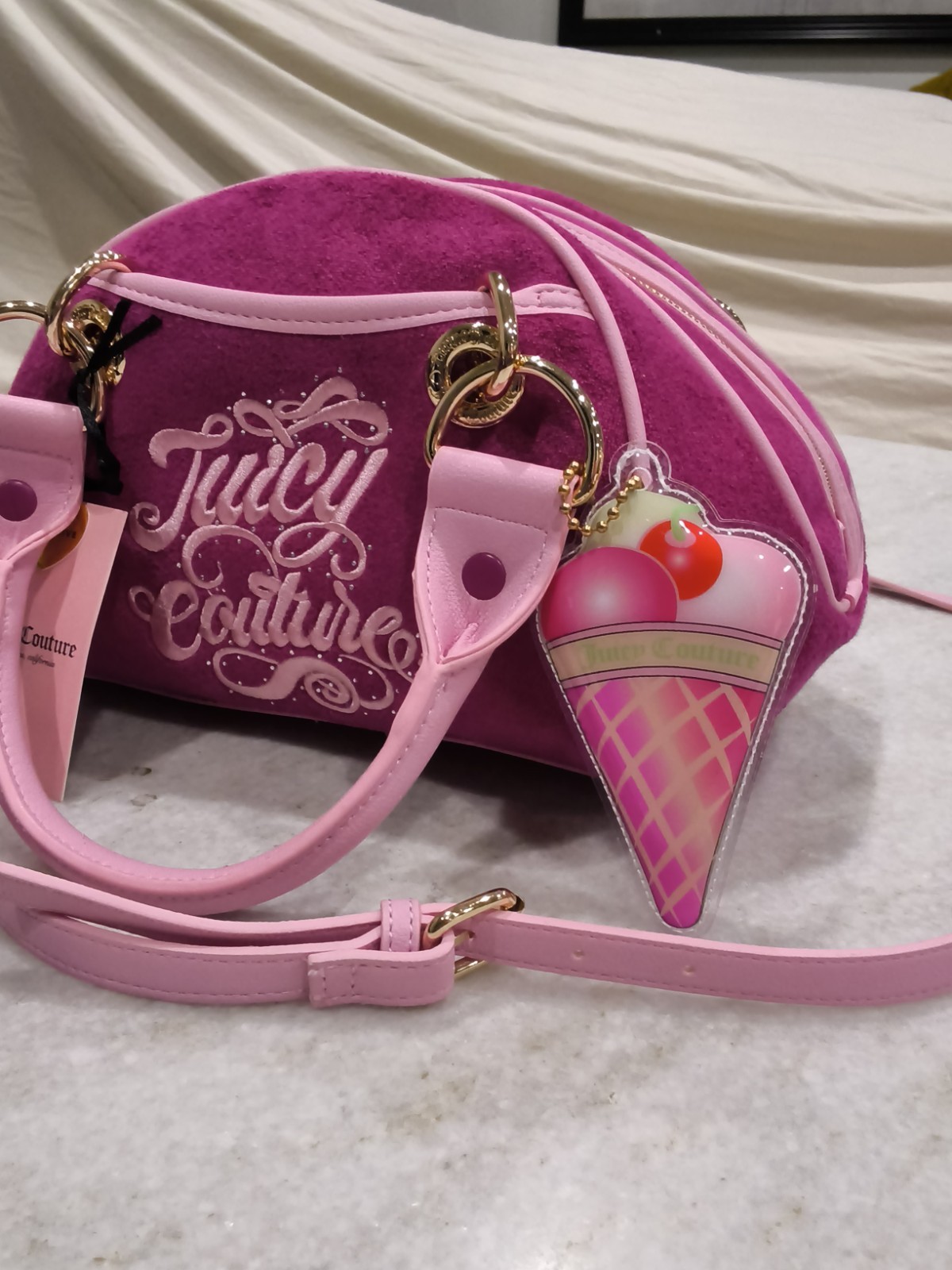 JUICY COUTURE Sugar Rush Velour Satchel Bowler Bag Ice Cone Charm Raspberry Tart
