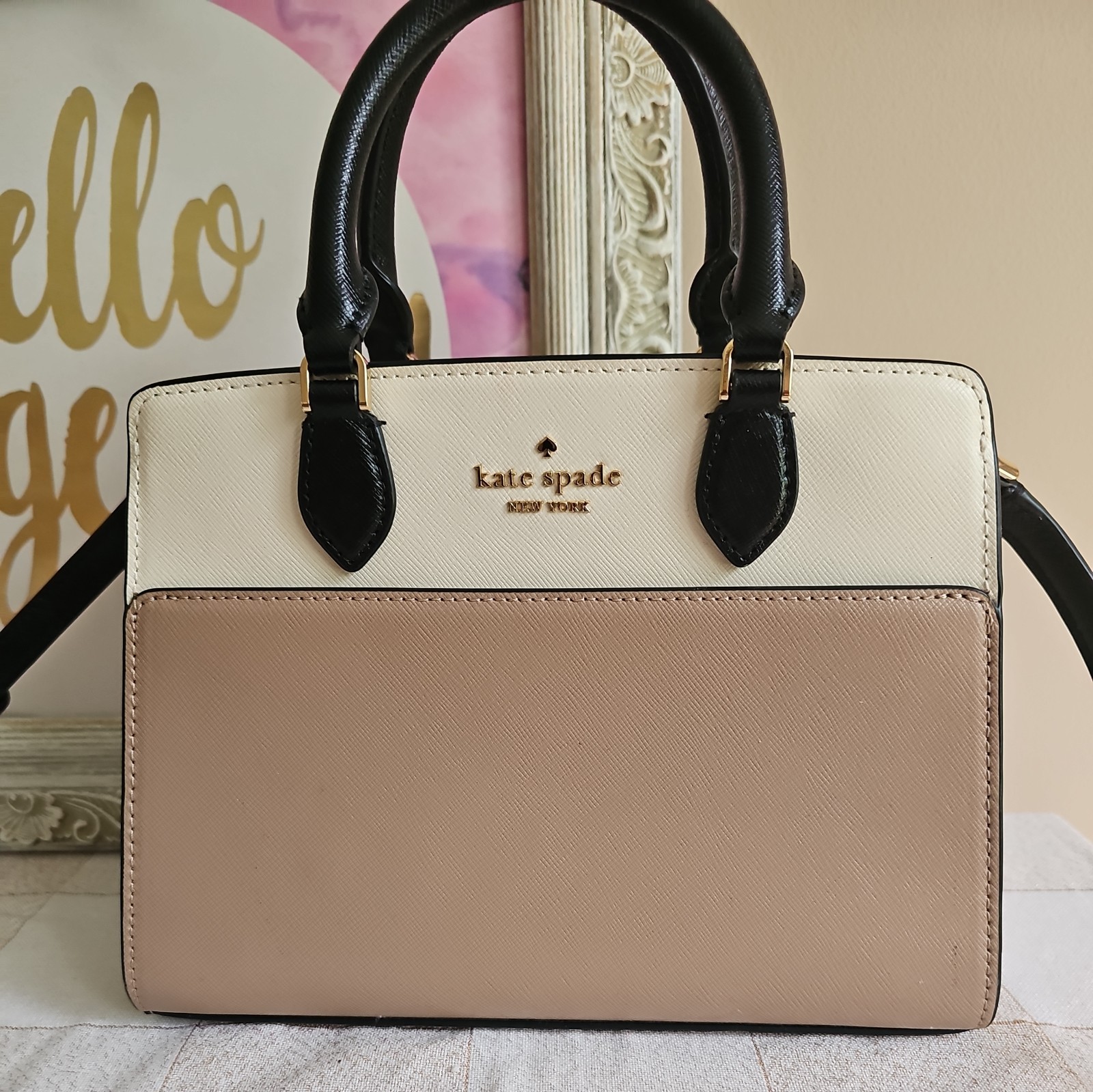 New KATE SPADE Colorblock Madison Small Satchel Crossbody Bag Beige White Black