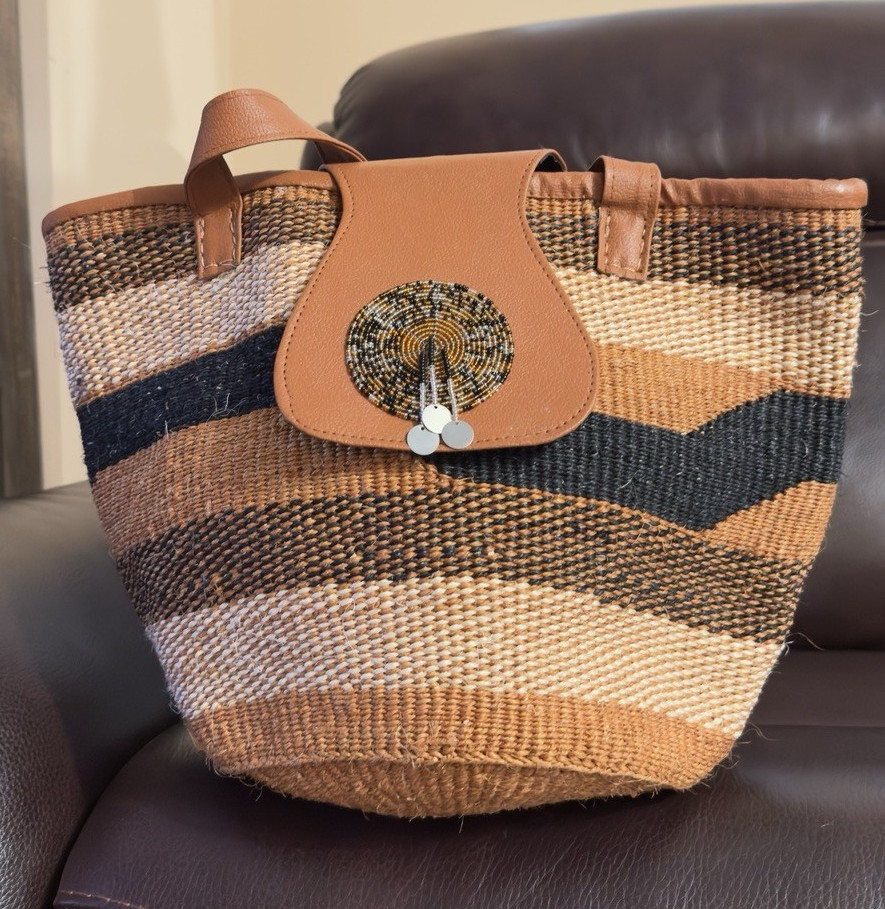 Striped Sisal Tote Shoulder Bag Brown Flap Closure Beaded Bag Charm Women
