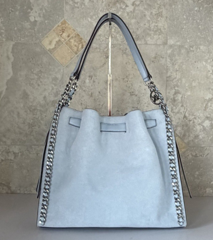 Michael Kors Mina Large Belted MK Chain Shoulder Bag Pale Ocean