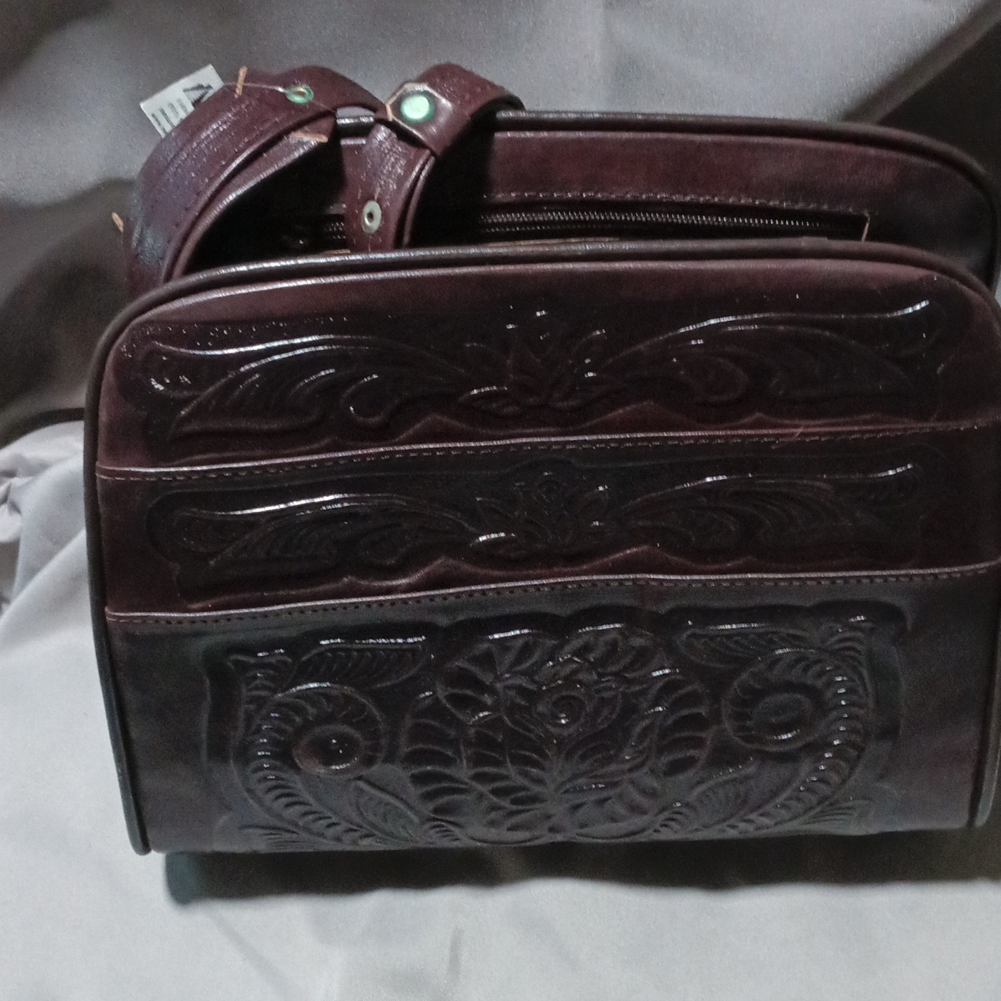 Brown Tooled Embossed Floral Shoulder Bag Zip Top Multi-Compartment Studs