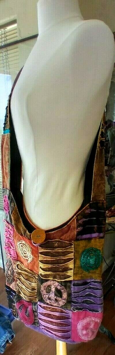 Crossbody Bag Colorful Pockets Boho Hippie Peace Cotton India Zip Button Top