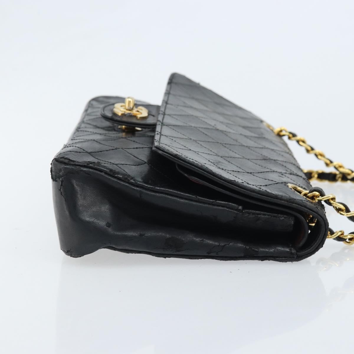 CHANEL Matelasse 25 Double Flap Chain Bag Lamb Skin Gold Black CC Auth bs34164